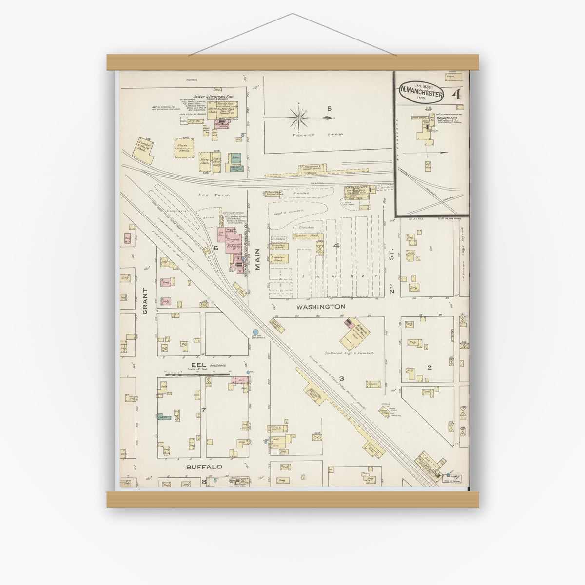 Old map wall art mockup — magnetic wood frame on white wall — Sanborn Fire Insurance Map from North Manchester, Wabash County, Indiana (1886), Sheet #0004