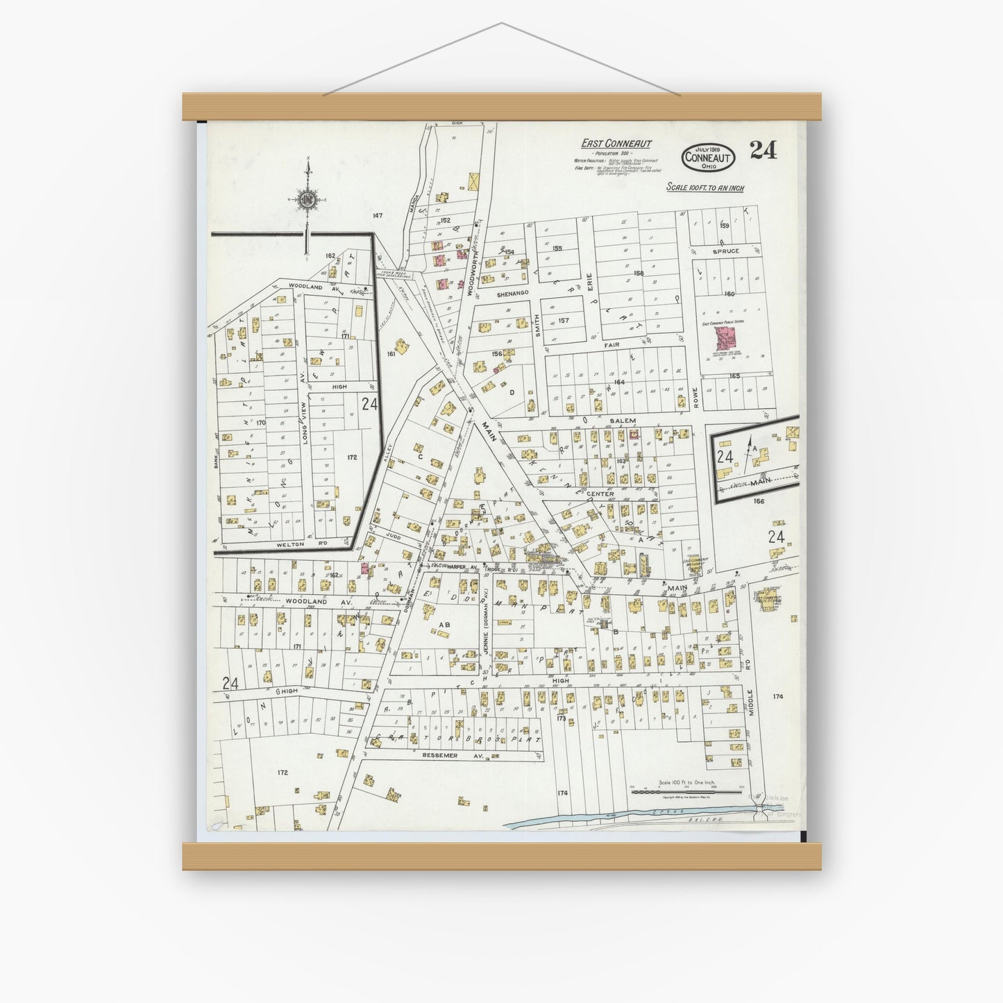 Old map wall art mockup — magnetic wood frame on white wall — Sanborn Fire Insurance Map from Conneaut, Ashtabula County, Ohio (1919), Sheet #0024