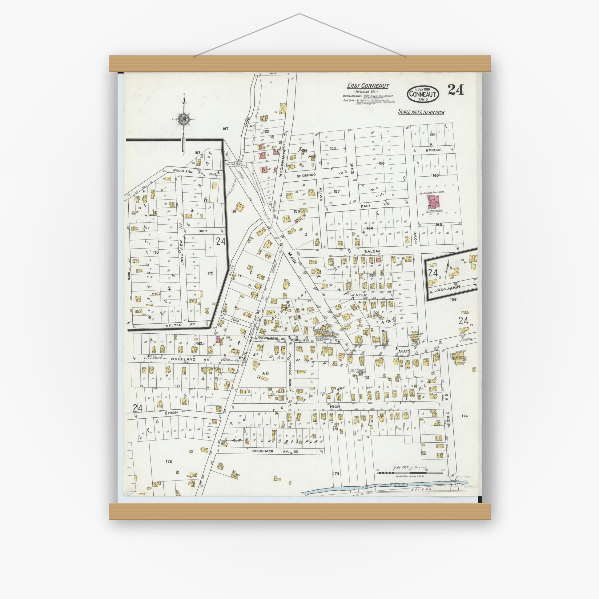 Old map wall art mockup — magnetic wood frame on white wall — Sanborn Fire Insurance Map from Conneaut, Ashtabula County, Ohio (1919), Sheet #0024