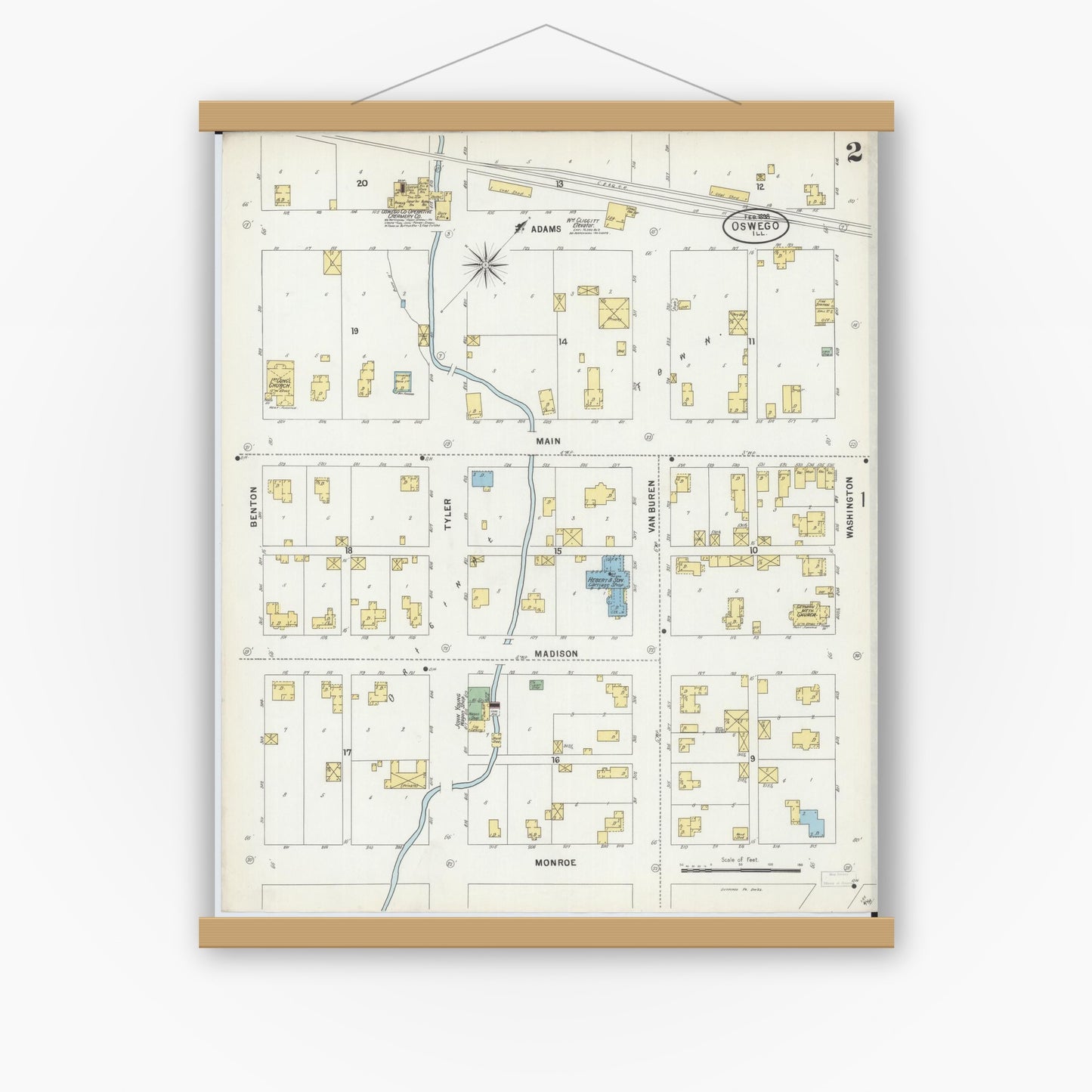 Old map wall art mockup — magnetic wood frame on white wall — Sanborn Fire Insurance Map from Oswego, Kendall County, Illinois (1898), Sheet #0002