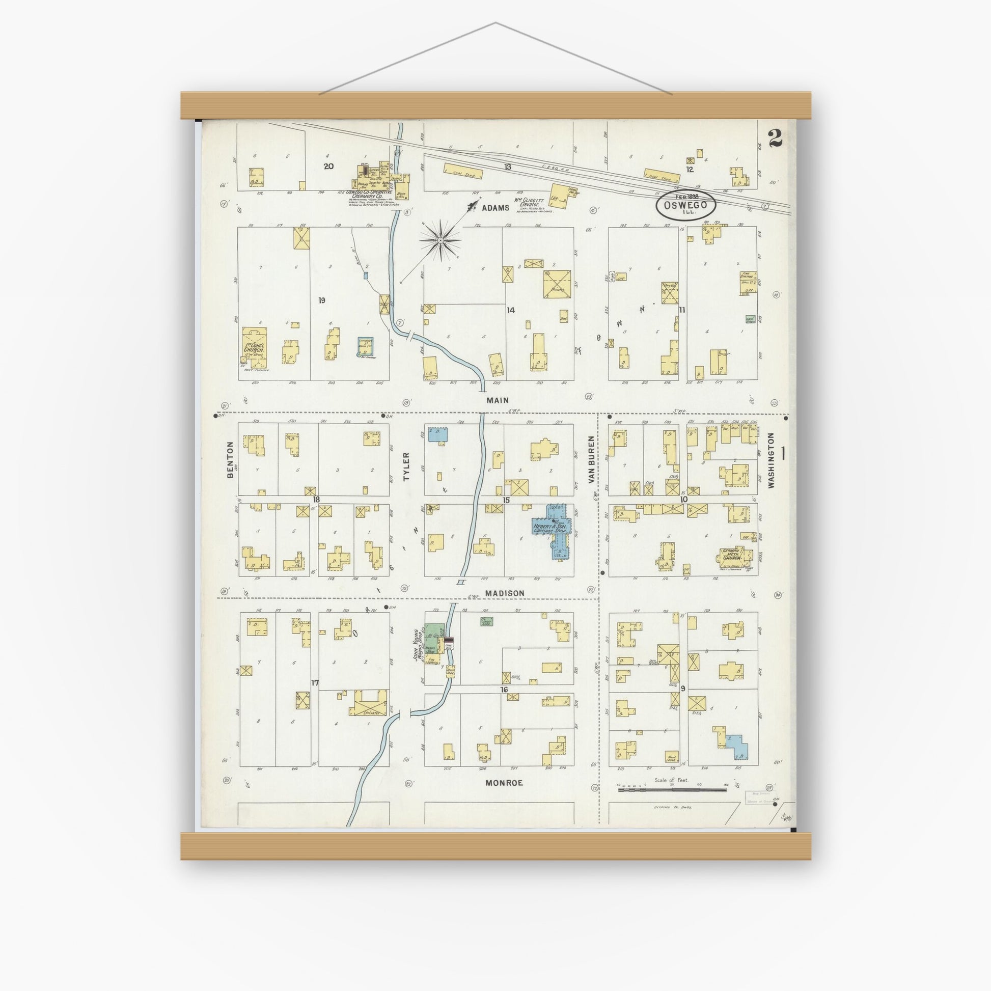 Old map wall art mockup — magnetic wood frame on white wall — Sanborn Fire Insurance Map from Oswego, Kendall County, Illinois (1898), Sheet #0002