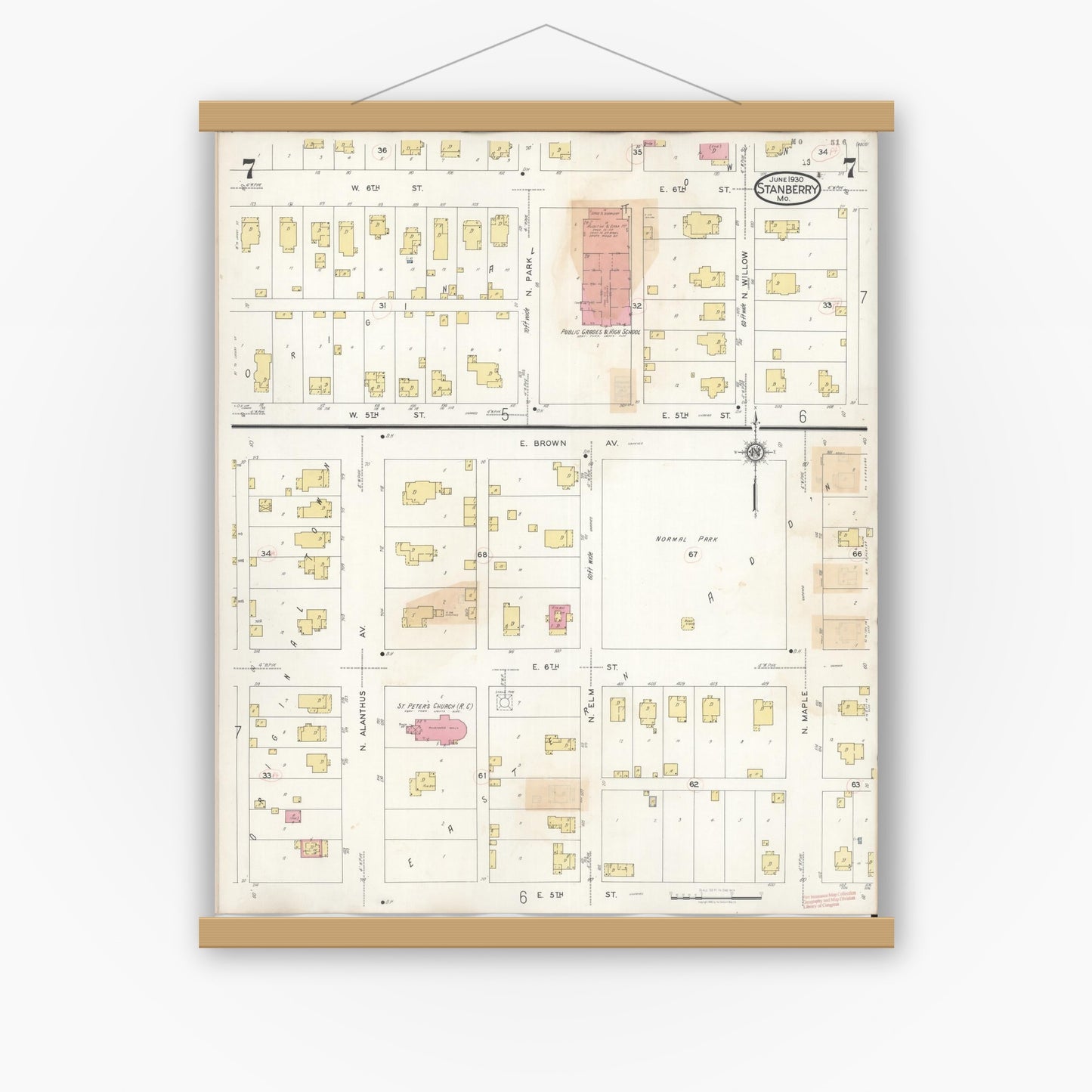 Old map wall art mockup — magnetic wood frame on white wall — Sanborn Fire Insurance Map from Stanberry, Gentry County, Missouri (1940), Sheet #0007