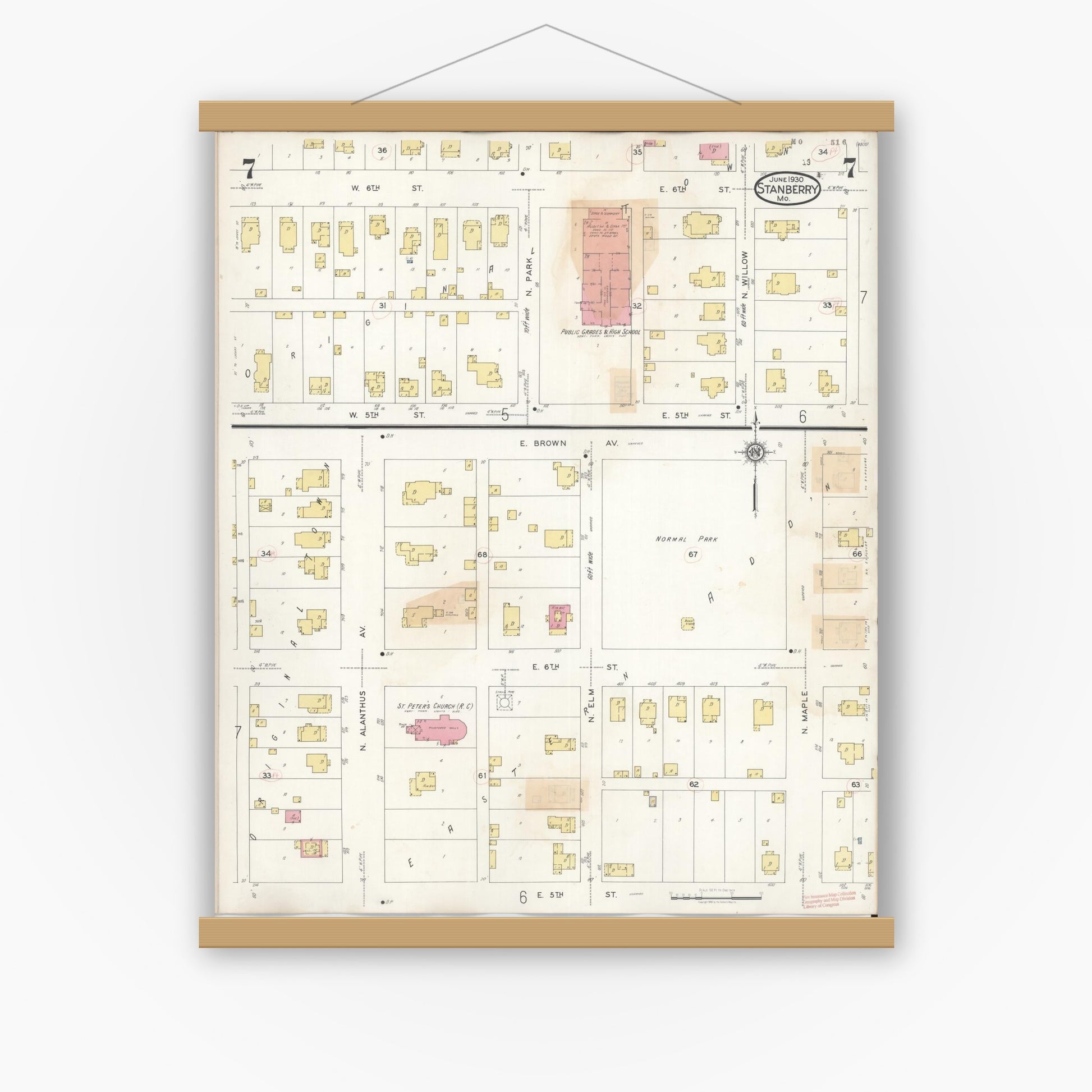 Old map wall art mockup — magnetic wood frame on white wall — Sanborn Fire Insurance Map from Stanberry, Gentry County, Missouri (1940), Sheet #0007