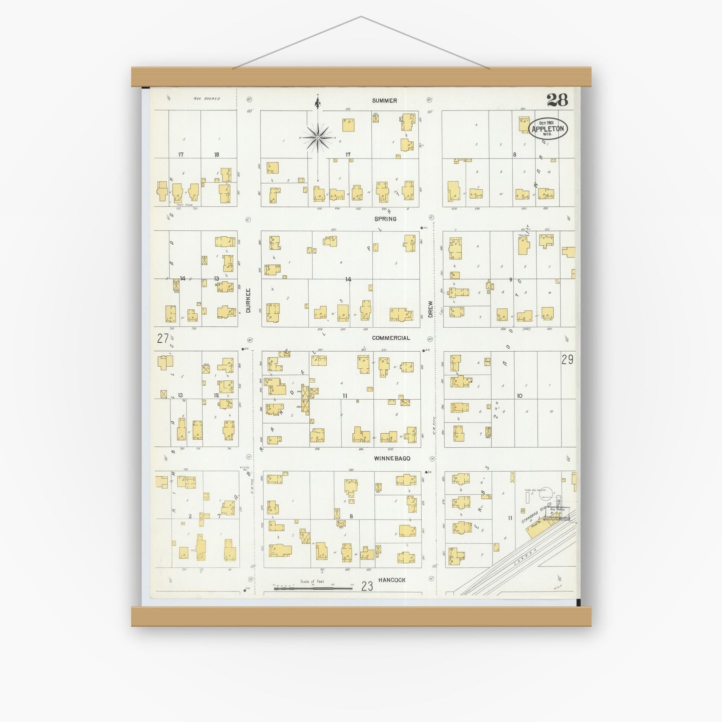Old map wall art mockup — magnetic wood frame on white wall — Sanborn Fire Insurance Map from Appleton, Outagamie County, Wisconsin (1901), Sheet #0028