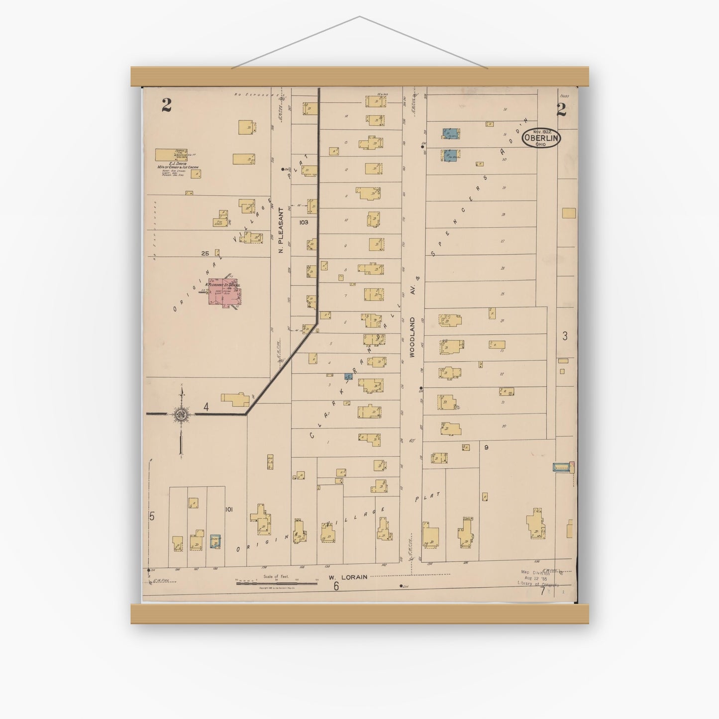 Old map wall art mockup — magnetic wood frame on white wall — Sanborn Fire Insurance Map from Oberlin, Lorain County, Ohio (1922), Sheet #0002
