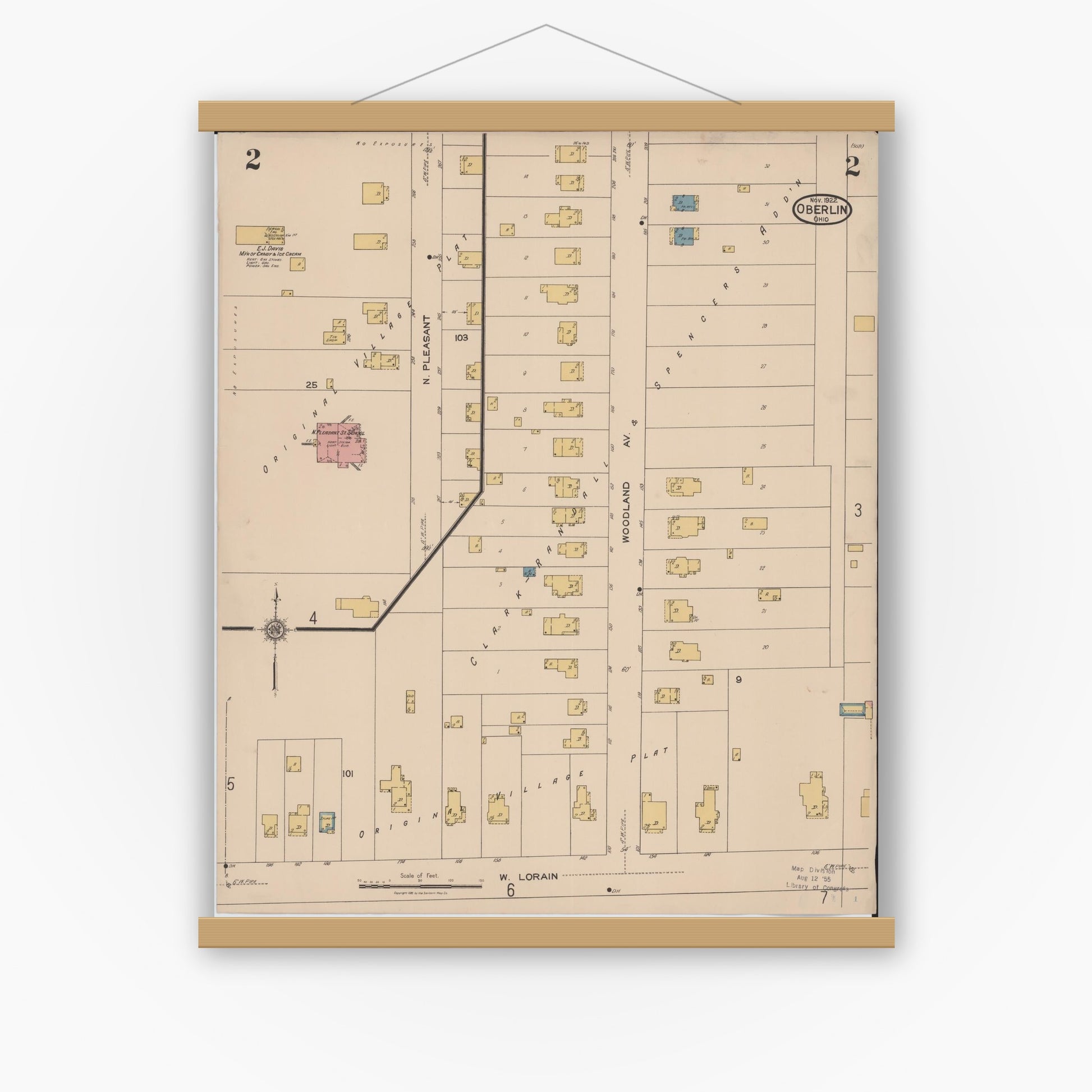 Old map wall art mockup — magnetic wood frame on white wall — Sanborn Fire Insurance Map from Oberlin, Lorain County, Ohio (1922), Sheet #0002