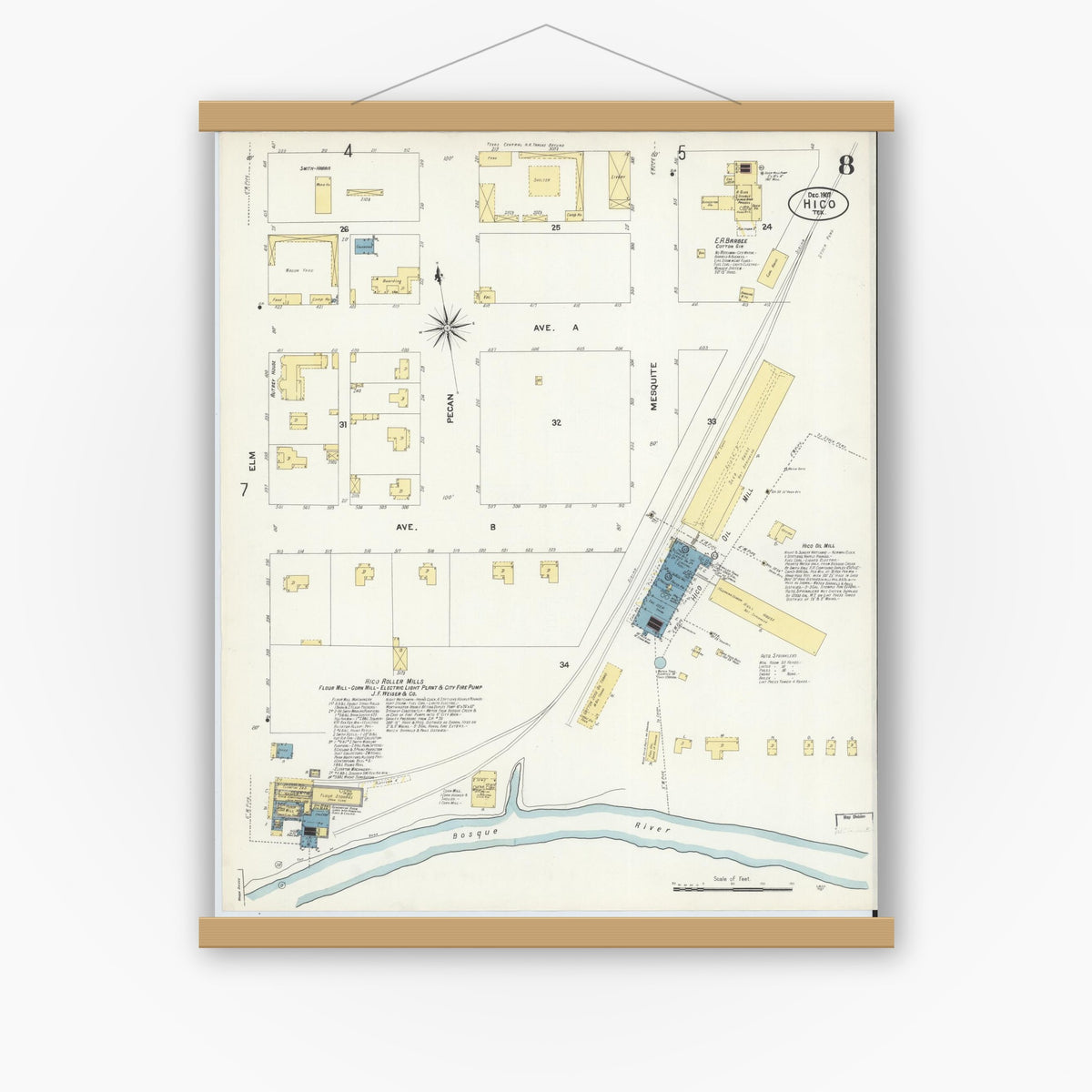 Old map wall art mockup — magnetic wood frame on white wall — Sanborn Fire Insurance Map from Hico, Hamilton County, Texas (1907), Sheet #0008