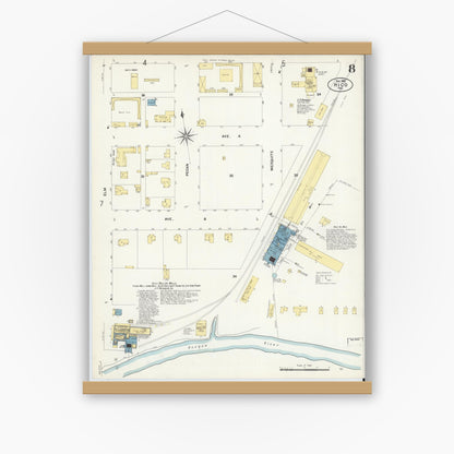 Old map wall art mockup — magnetic wood frame on white wall — Sanborn Fire Insurance Map from Hico, Hamilton County, Texas (1907), Sheet #0008