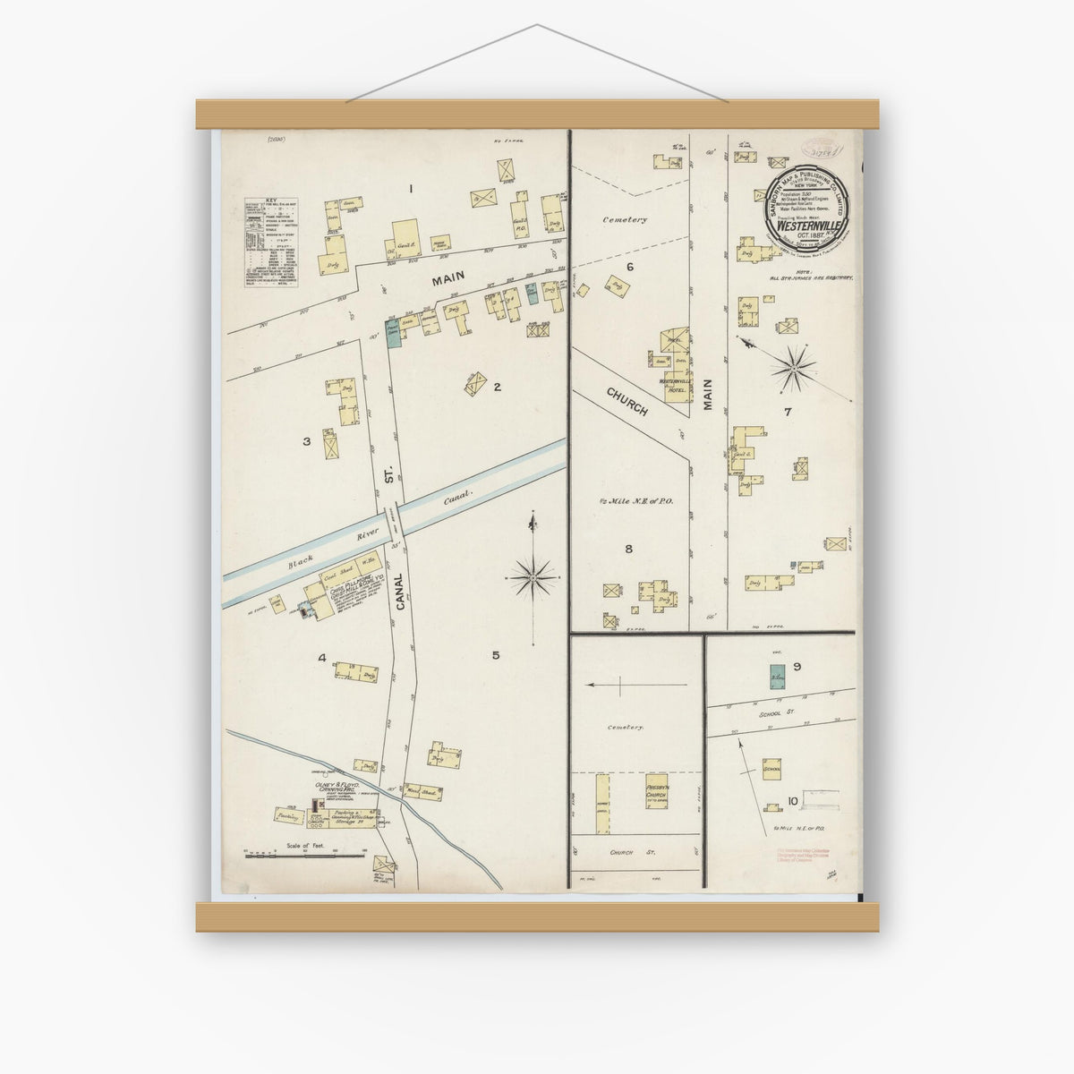 Old map wall art mockup — magnetic wood frame on white wall — Sanborn Fire Insurance Map from Westernville, Oneida County, New York (1887), Sheet #0001