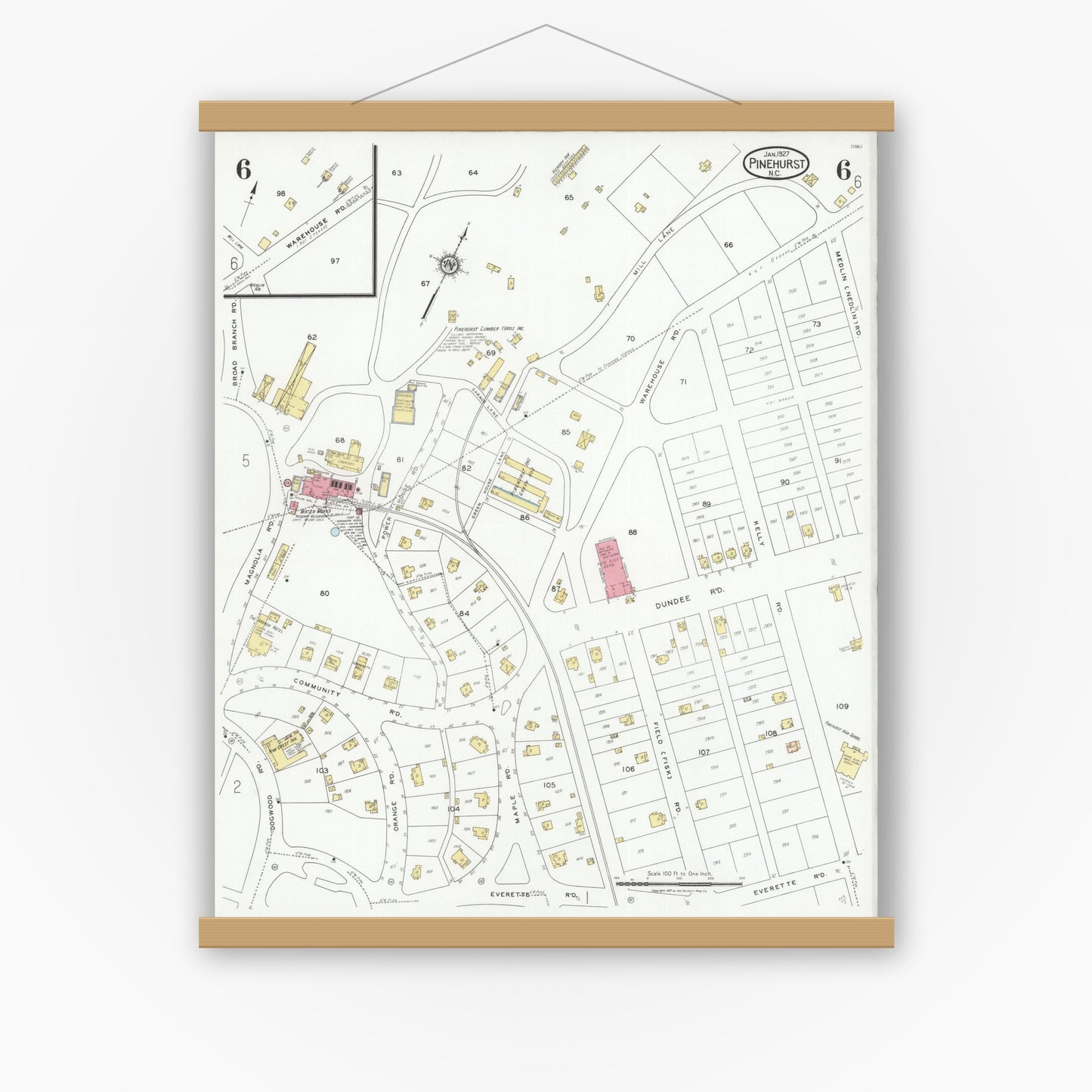 Old map wall art mockup — magnetic wood frame on white wall — Sanborn Fire Insurance Map from Pinehurst, Moore County, North Carolina (1927), Sheet #0006