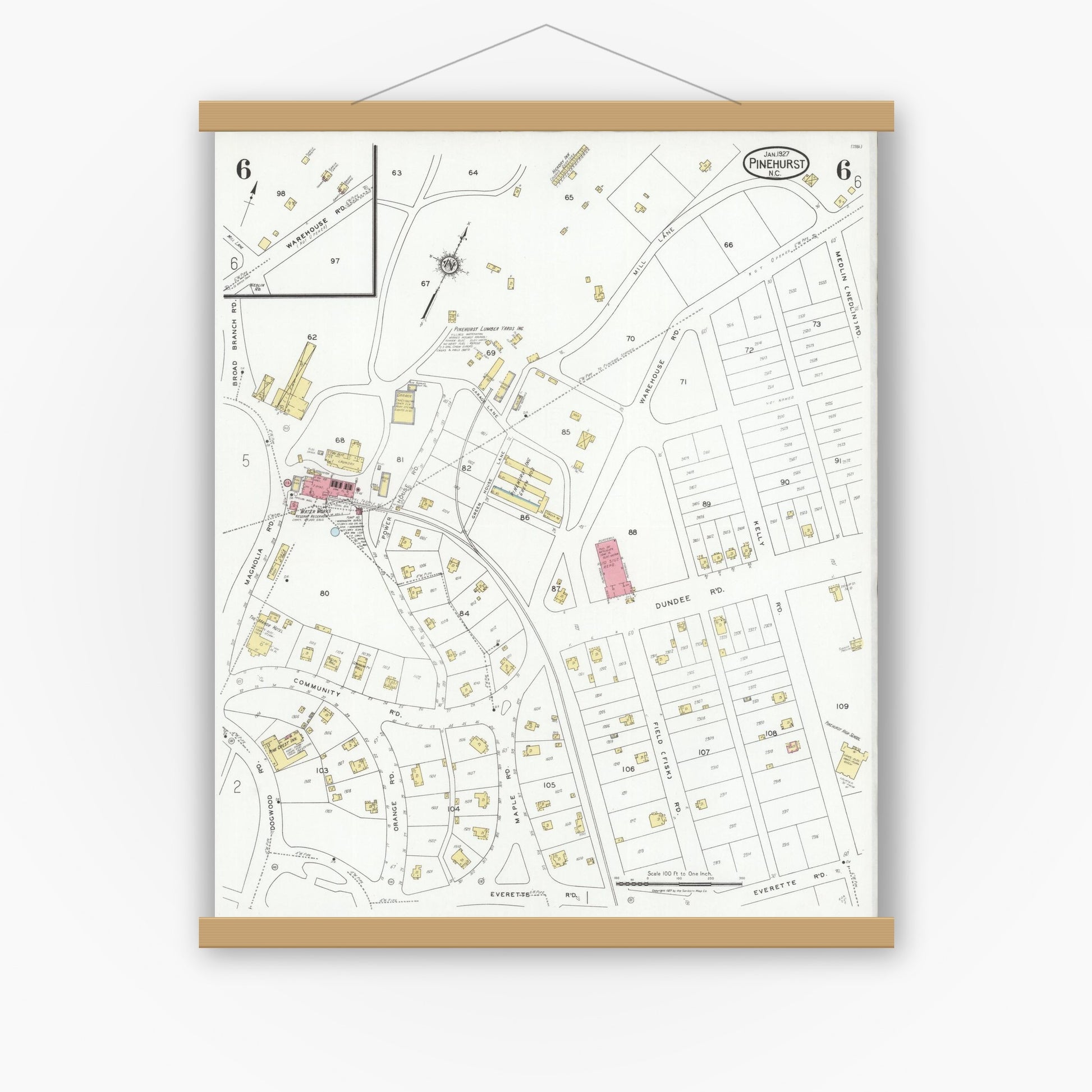 Old map wall art mockup — magnetic wood frame on white wall — Sanborn Fire Insurance Map from Pinehurst, Moore County, North Carolina (1927), Sheet #0006