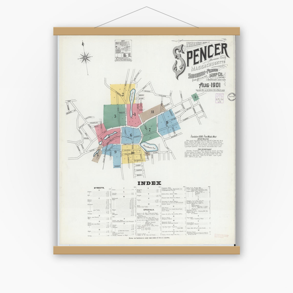 Old map wall art mockup — magnetic wood frame on white wall — Sanborn Fire Insurance Map from Spencer, Worcester County, Massachusetts (1901), Sheet #0001