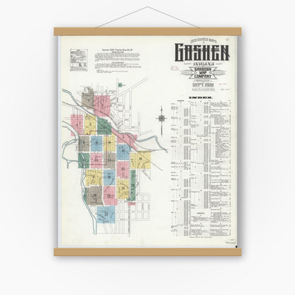 Old map wall art mockup — magnetic wood frame on white wall — Sanborn Fire Insurance Map from Goshen, Elkhart County, Indiana (1910) - Complete Map Set