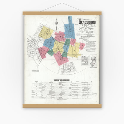 Old map wall art mockup — magnetic wood frame on white wall — Sanborn Fire Insurance Map from Glassboro, Gloucester County, New Jersey (1923) - Complete Map Set