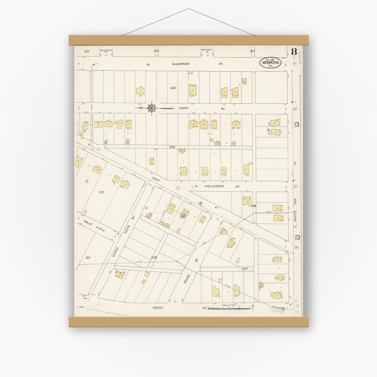 Old map wall art mockup — magnetic wood frame on white wall — Sanborn Fire Insurance Map from Monrovia, Los Angeles County, California (1913), Sheet #0008