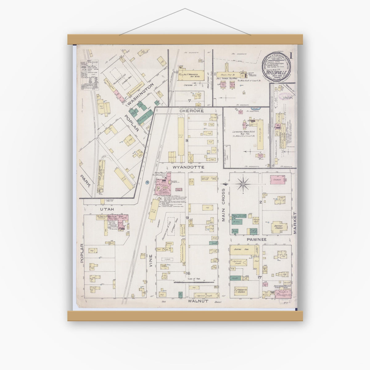 Old map wall art mockup — magnetic wood frame on white wall — Sanborn Fire Insurance Map from Taylorville, Christian County, Illinois (1886) - Complete Map Set