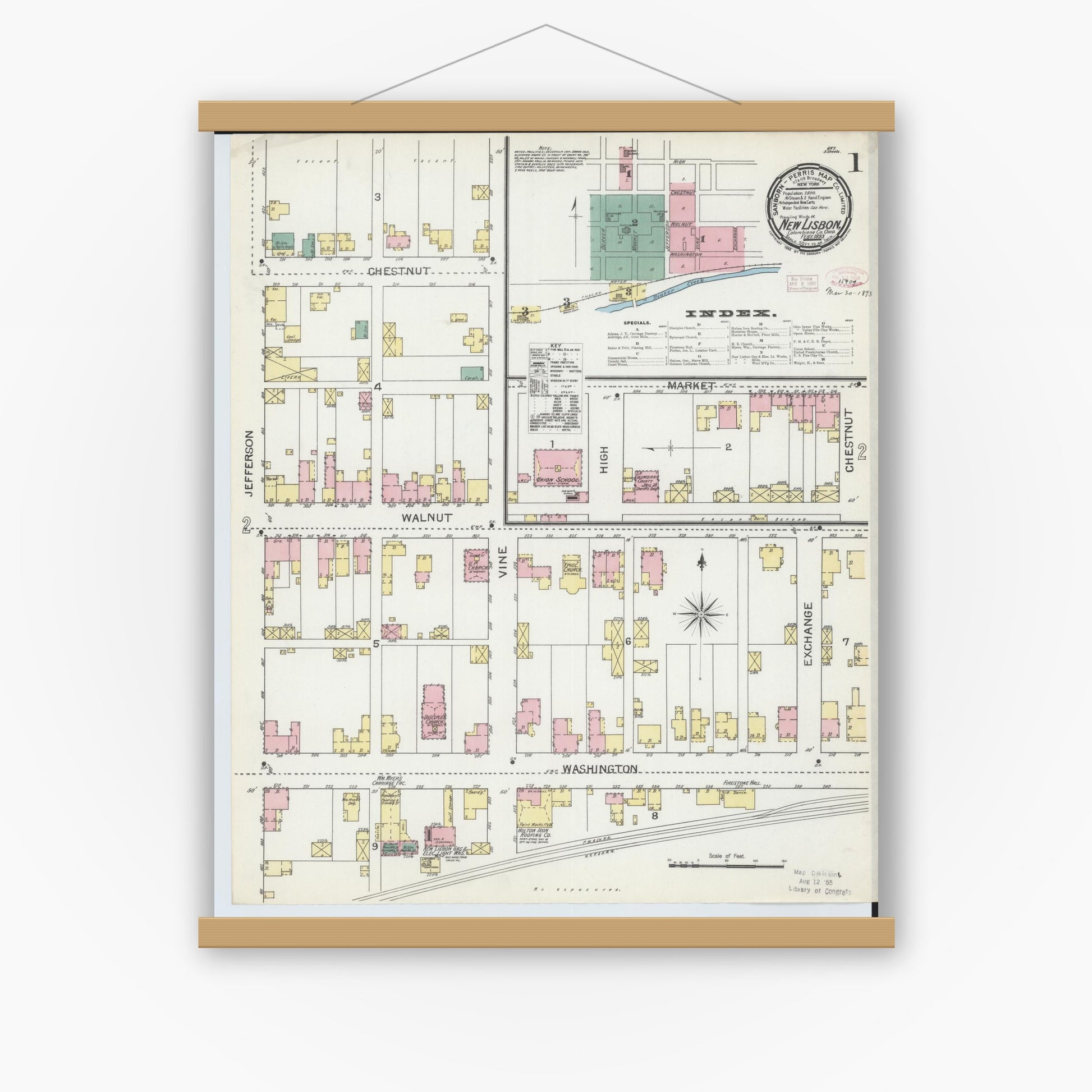 Old map wall art mockup — magnetic wood frame on white wall — Sanborn Fire Insurance Map from New Lisbon, Columbiana County, Ohio (1893), Sheet #0001