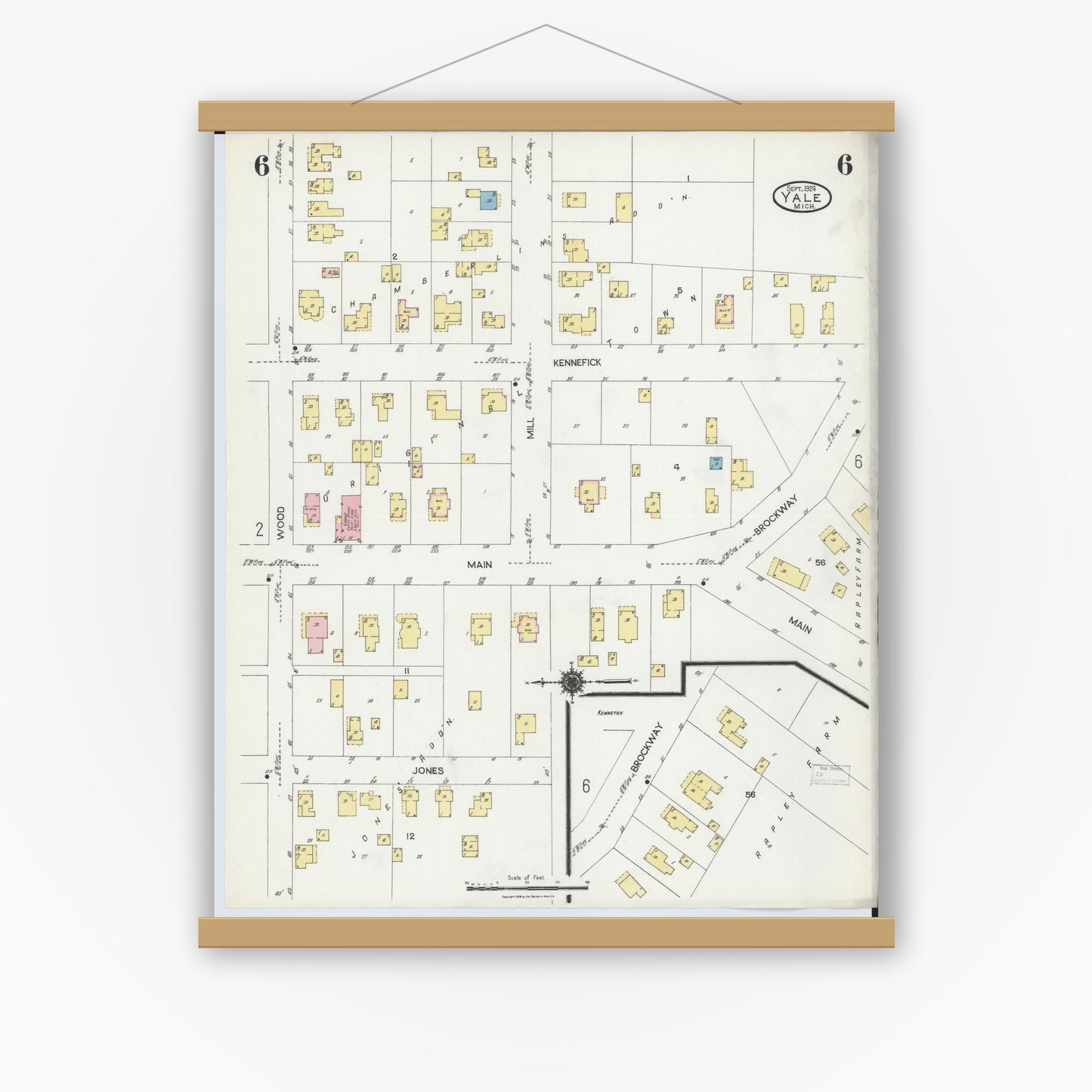Old map wall art mockup — magnetic wood frame on white wall — Sanborn Fire Insurance Map from Yale, Saint Clair County, Michigan (1924), Sheet #0006