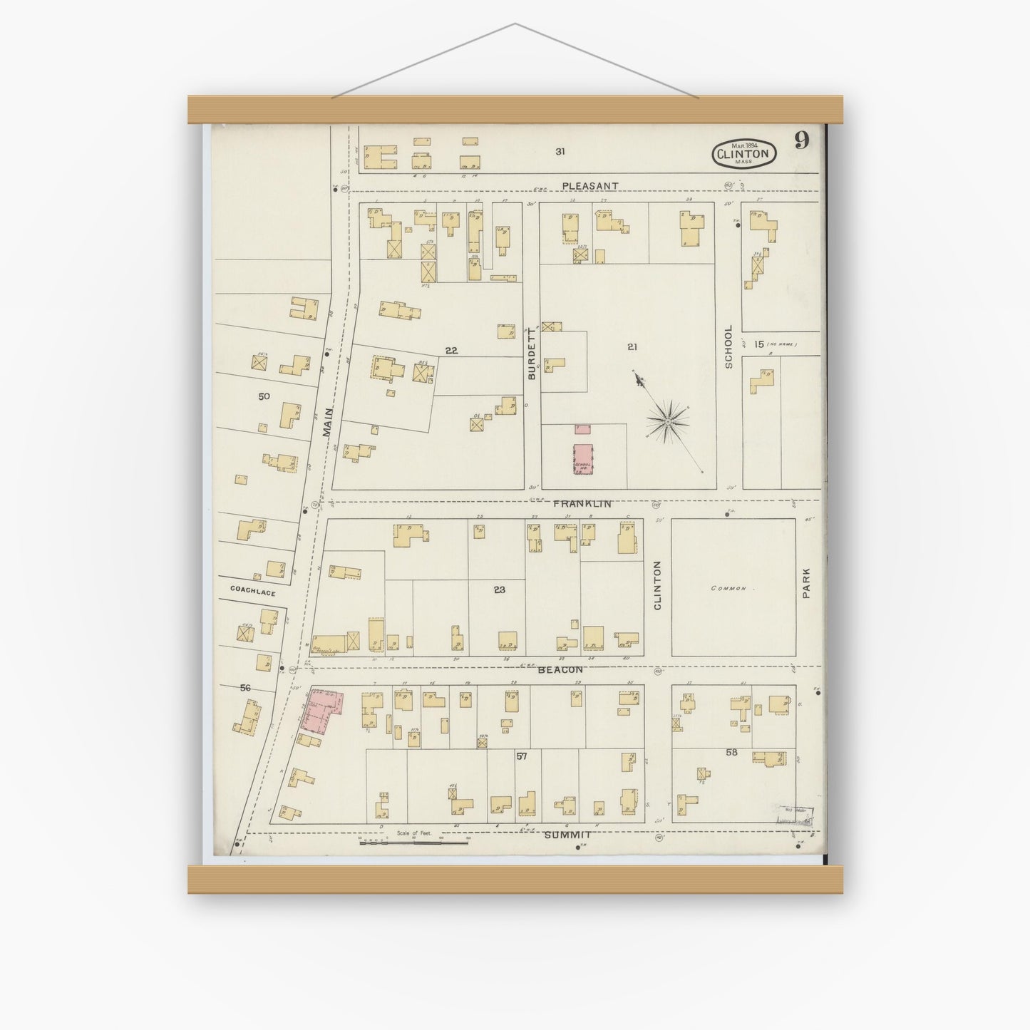 Old map wall art mockup — magnetic wood frame on white wall — Sanborn Fire Insurance Map from Clinton, Worcester County, Massachusetts (1894), Sheet #0009