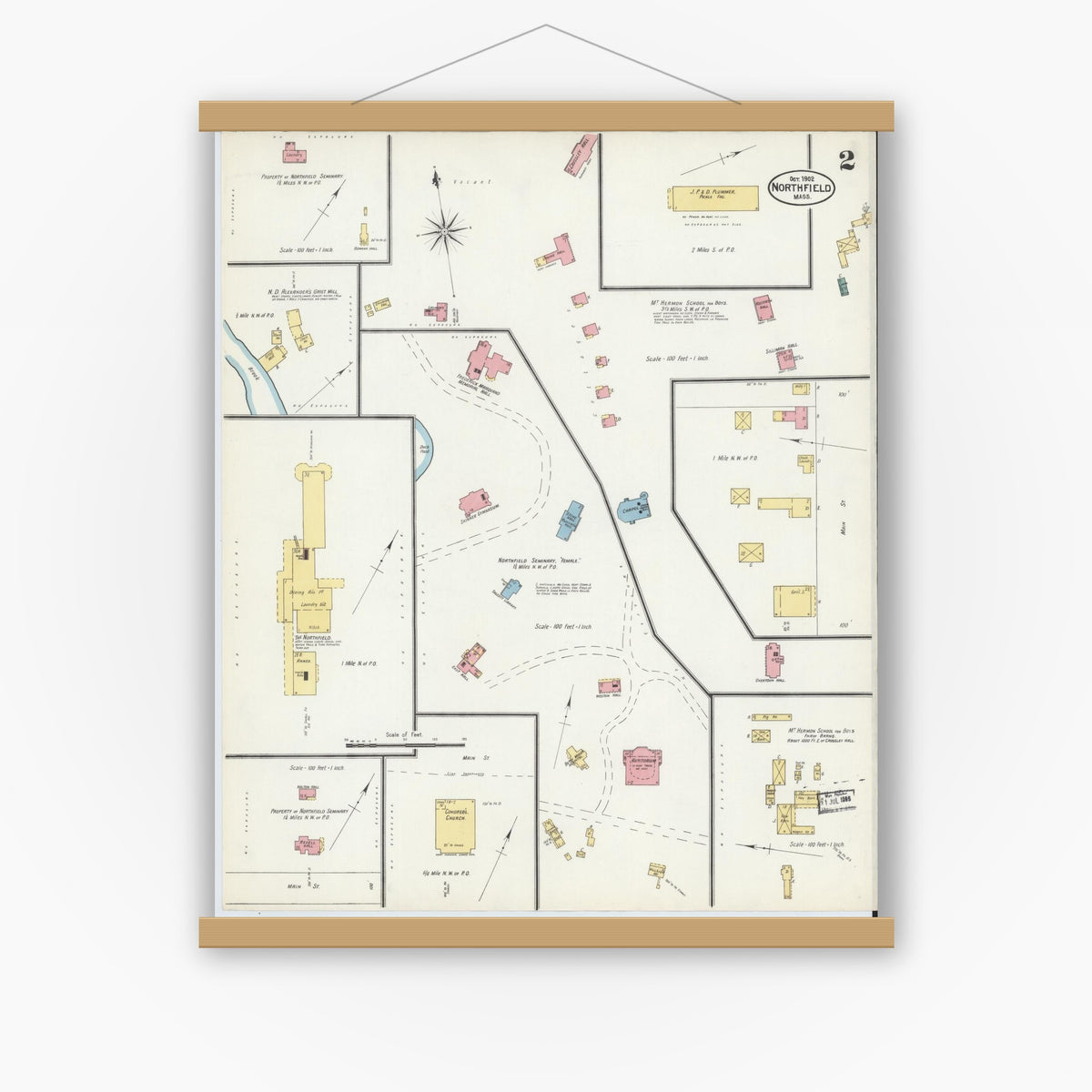Old map wall art mockup — magnetic wood frame on white wall — Sanborn Fire Insurance Map from Northfield, Franklin County, Massachusetts (1902), Sheet #0002