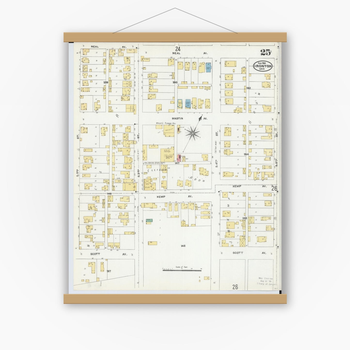Old map wall art mockup — magnetic wood frame on white wall — Sanborn Fire Insurance Map from Ironton, Lawrence County, Ohio (1904), Sheet #0025