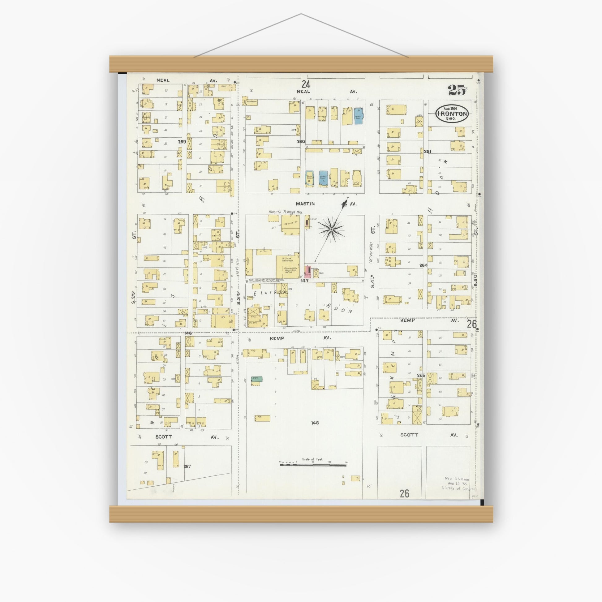 Old map wall art mockup — magnetic wood frame on white wall — Sanborn Fire Insurance Map from Ironton, Lawrence County, Ohio (1904), Sheet #0025