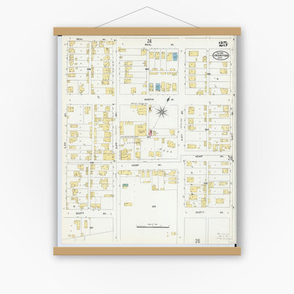 Old map wall art mockup — magnetic wood frame on white wall — Sanborn Fire Insurance Map from Ironton, Lawrence County, Ohio (1904), Sheet #0025