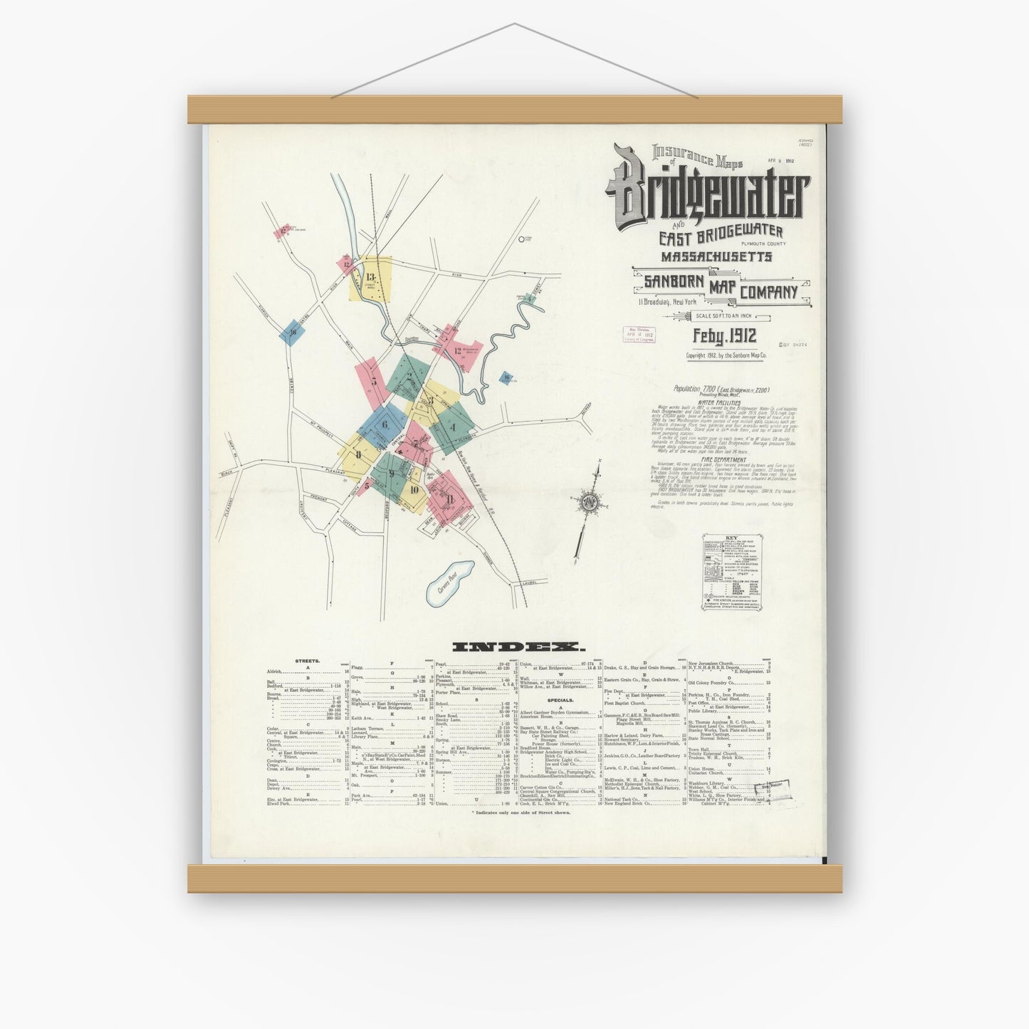 Old map wall art mockup — magnetic wood frame on white wall — Sanborn Fire Insurance Map from Bridgewater, Plymouth County, Massachusetts (1912) - Complete Map Set