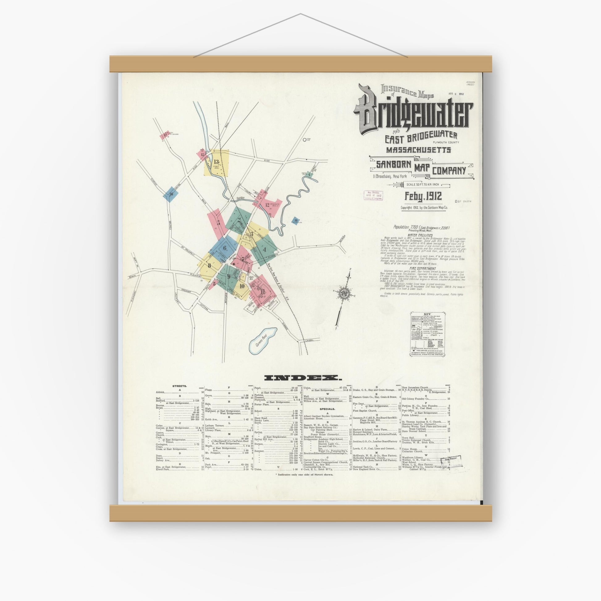 Old map wall art mockup — magnetic wood frame on white wall — Sanborn Fire Insurance Map from Bridgewater, Plymouth County, Massachusetts (1912) - Complete Map Set