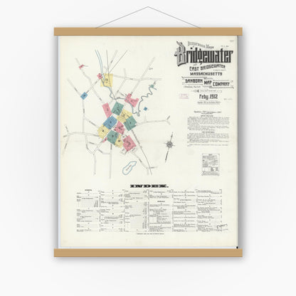 Old map wall art mockup — magnetic wood frame on white wall — Sanborn Fire Insurance Map from Bridgewater, Plymouth County, Massachusetts (1912) - Complete Map Set
