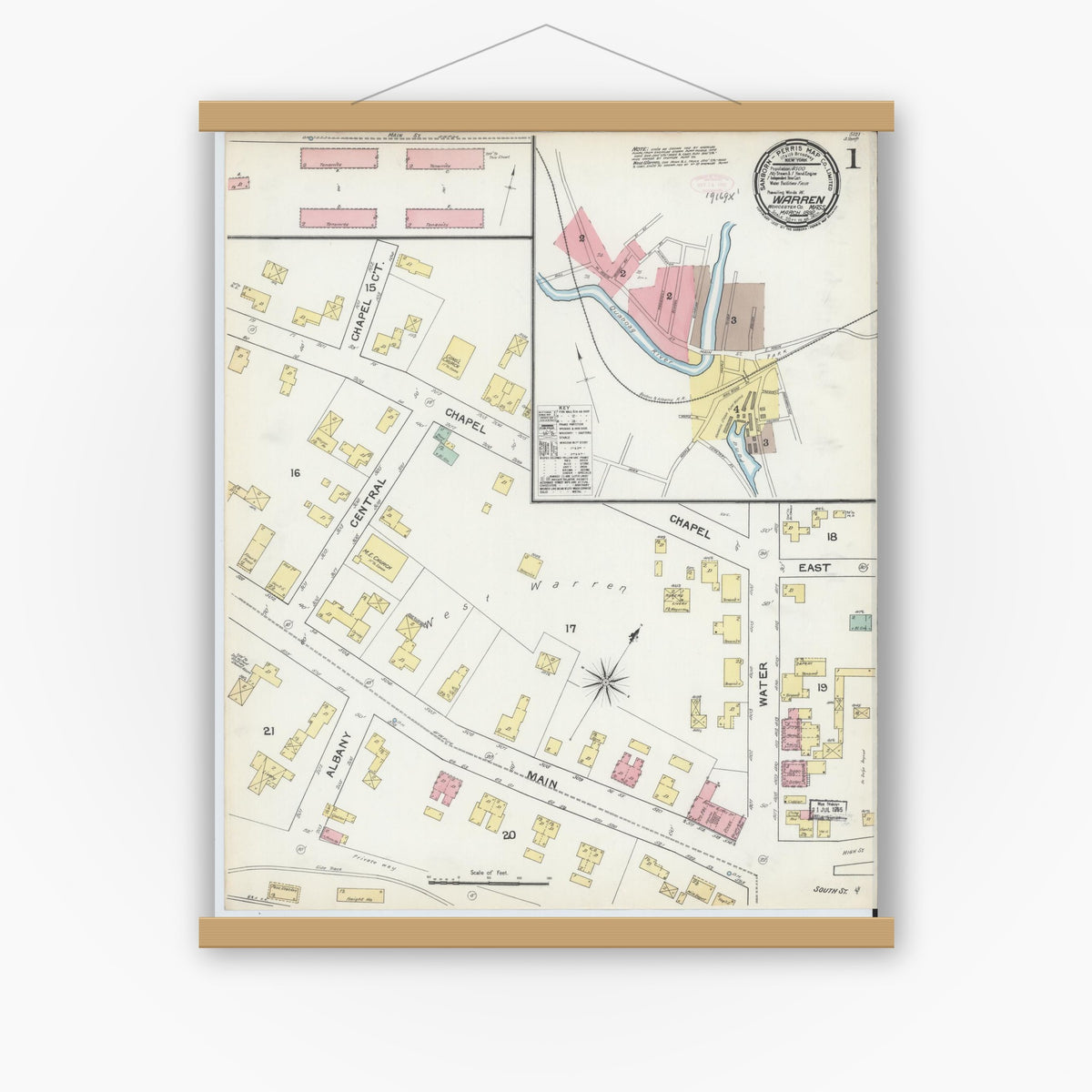 Old map wall art mockup — magnetic wood frame on white wall — Sanborn Fire Insurance Map from Warren, Worcester County, Massachusetts (1892) - Complete Map Set