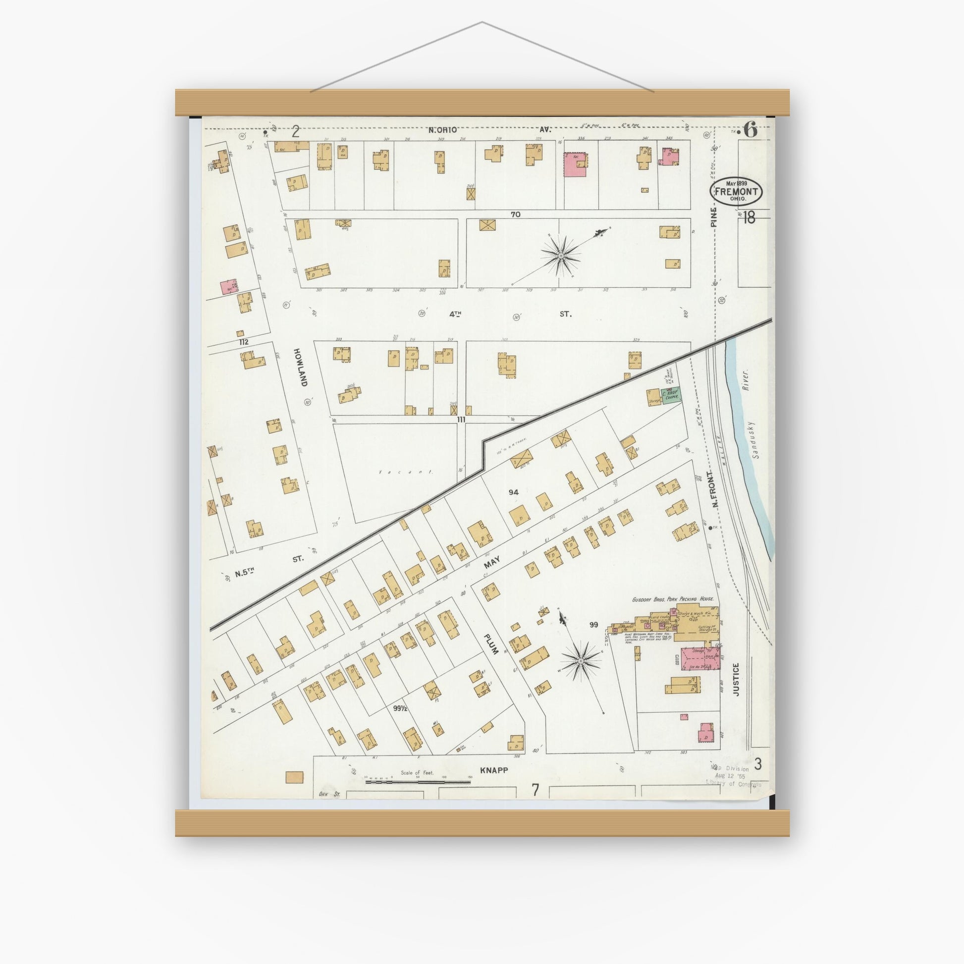 Old map wall art mockup — magnetic wood frame on white wall — Sanborn Fire Insurance Map from Fremont, Sandusky County, Ohio (1899), Sheet #0006