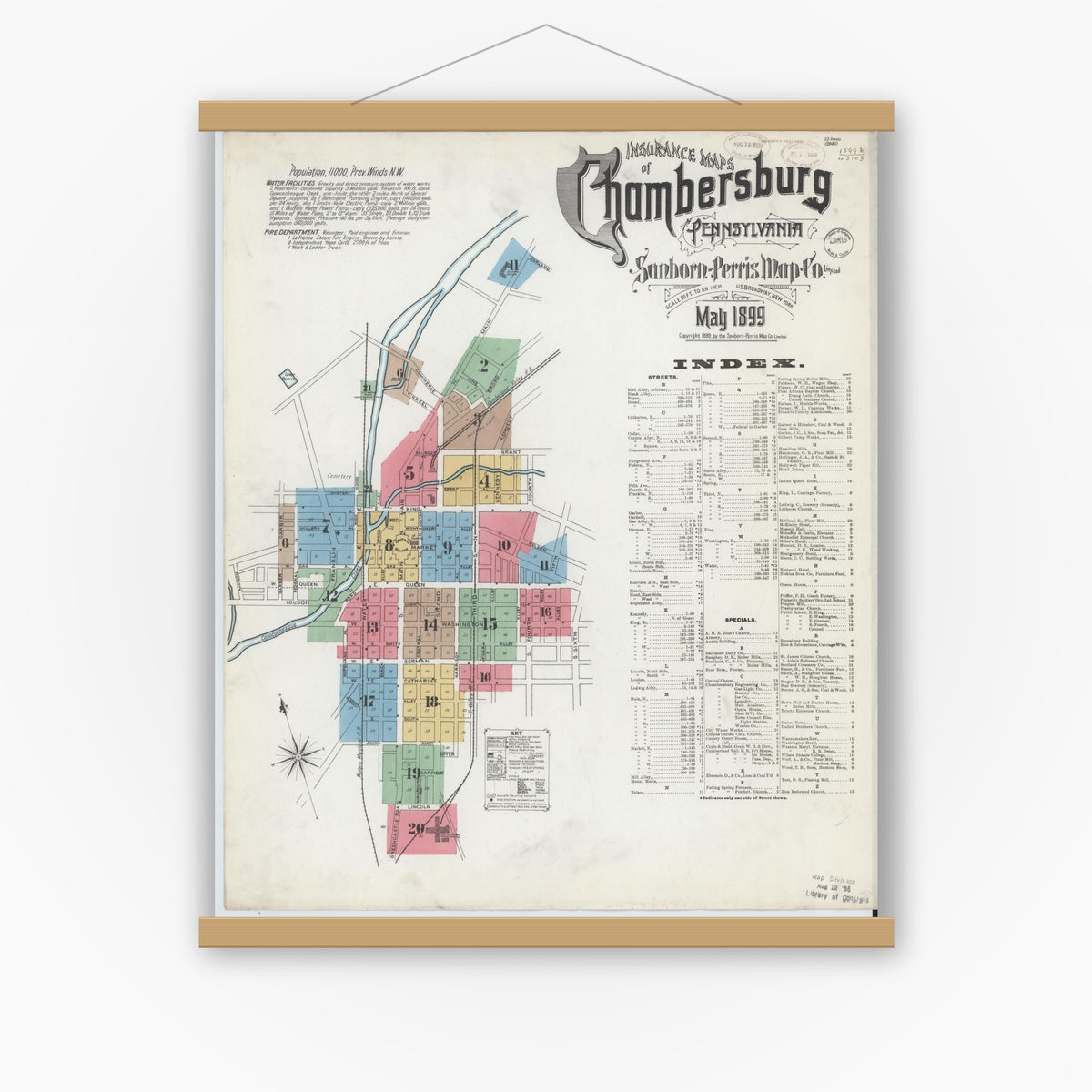 Old map wall art mockup — magnetic wood frame on white wall — Sanborn Fire Insurance Map from Chambersburg, Franklin County, Pennsylvania (1899) - Complete Map Set