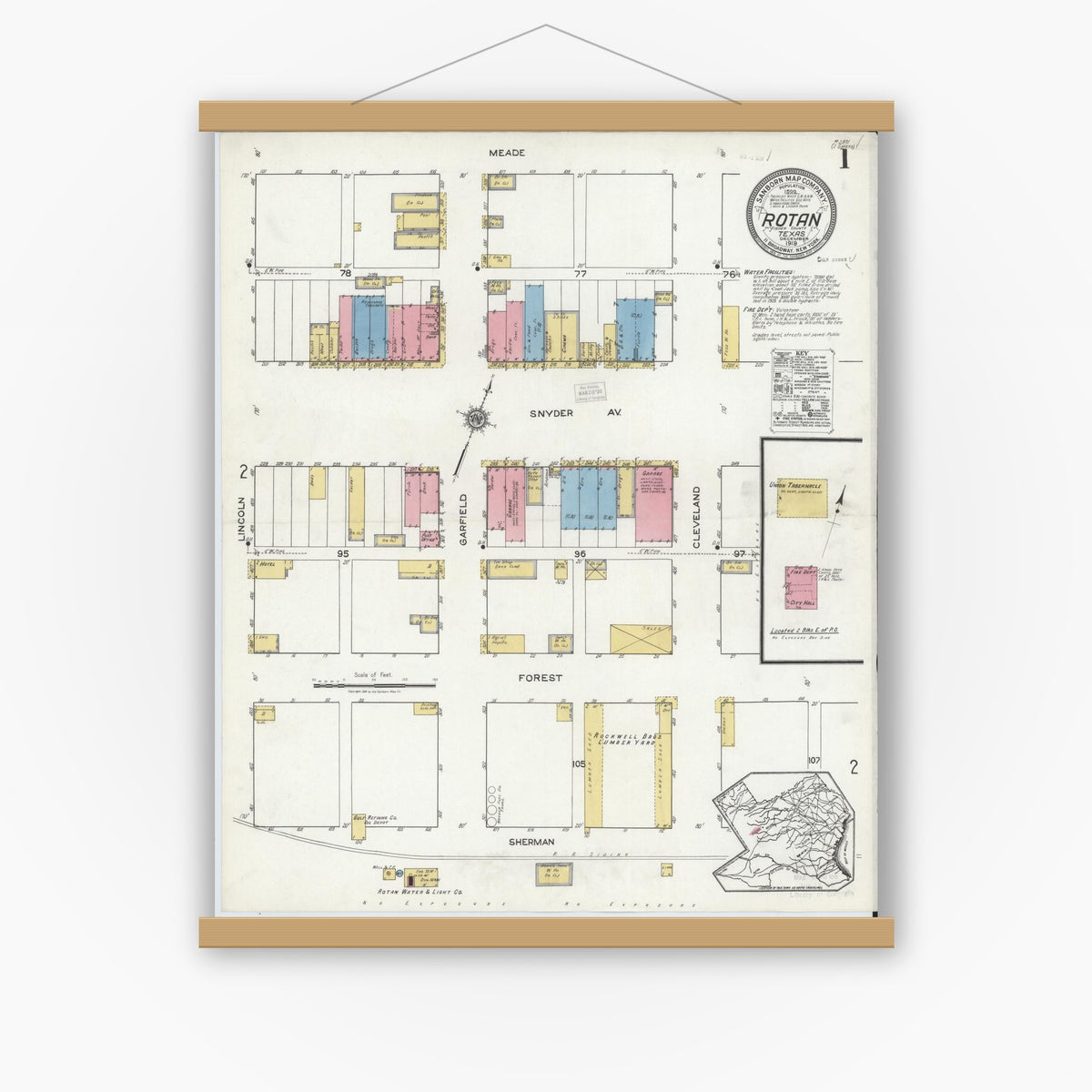 Old map wall art mockup — magnetic wood frame on white wall — Sanborn Fire Insurance Map from Rotan, Fisher County, Texas (1919) - Complete Map Set