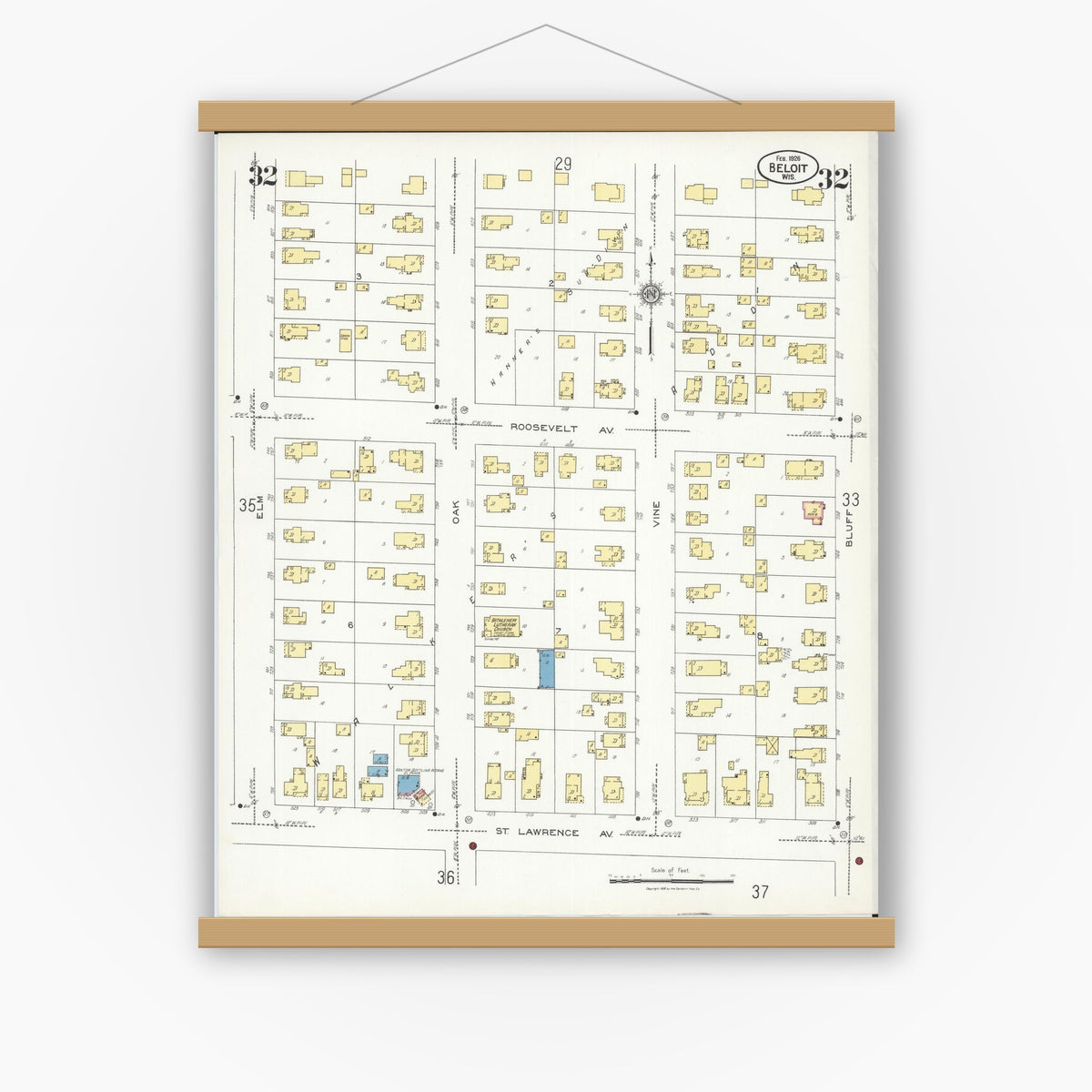 Old map wall art mockup — magnetic wood frame on white wall — Sanborn Fire Insurance Map from Beloit, Rock County, Wisconsin (1926), Sheet #0032