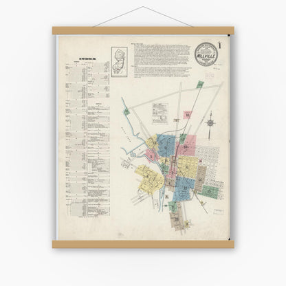 Old map wall art mockup — magnetic wood frame on white wall — Sanborn Fire Insurance Map from Millville, Cumberland County, New Jersey (1915), Sheet #0001
