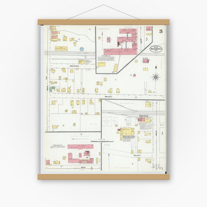 Old map wall art mockup — magnetic wood frame on white wall — Sanborn Fire Insurance Map from Wadsworth, Medina County, Ohio (1901), Sheet #0003