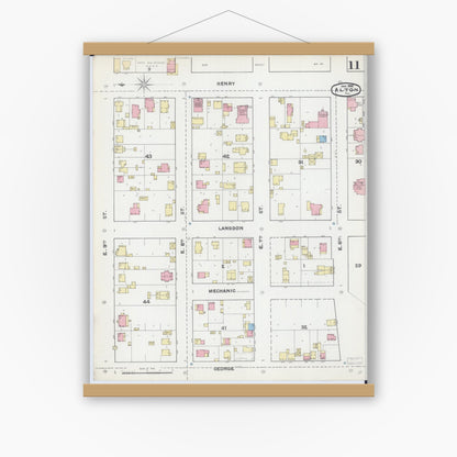 Old map wall art mockup — magnetic wood frame on white wall — Sanborn Fire Insurance Map from Alton, Madison County, Illinois (1892), Sheet #0011