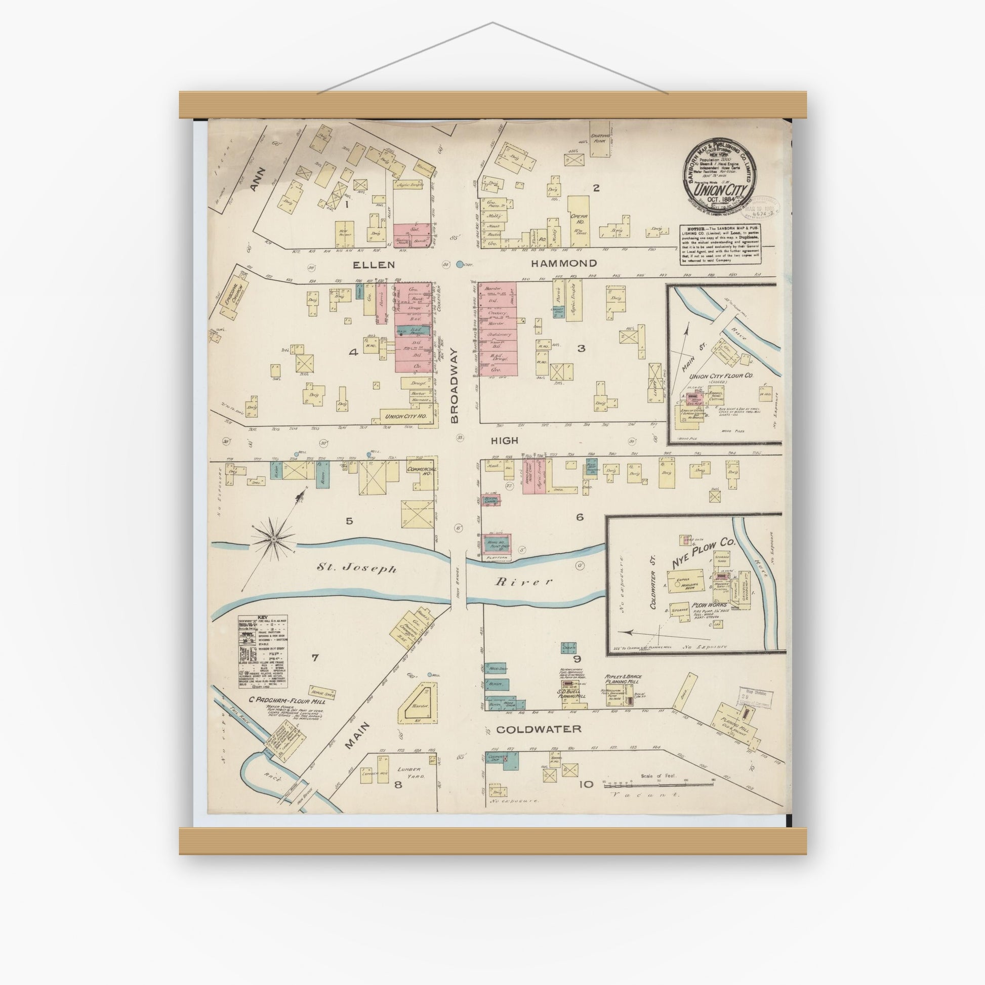 Old map wall art mockup — magnetic wood frame on white wall — Sanborn Fire Insurance Map from Union City, Branch And Calhoun Counties, Michigan (1884), Sheet #0001