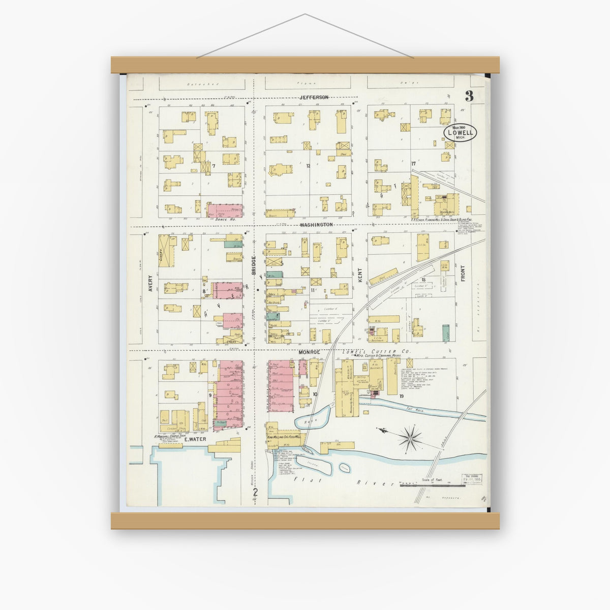 Old map wall art mockup — magnetic wood frame on white wall — Sanborn Fire Insurance Map from Lowell, Kent County, Michigan (1900), Sheet #0003