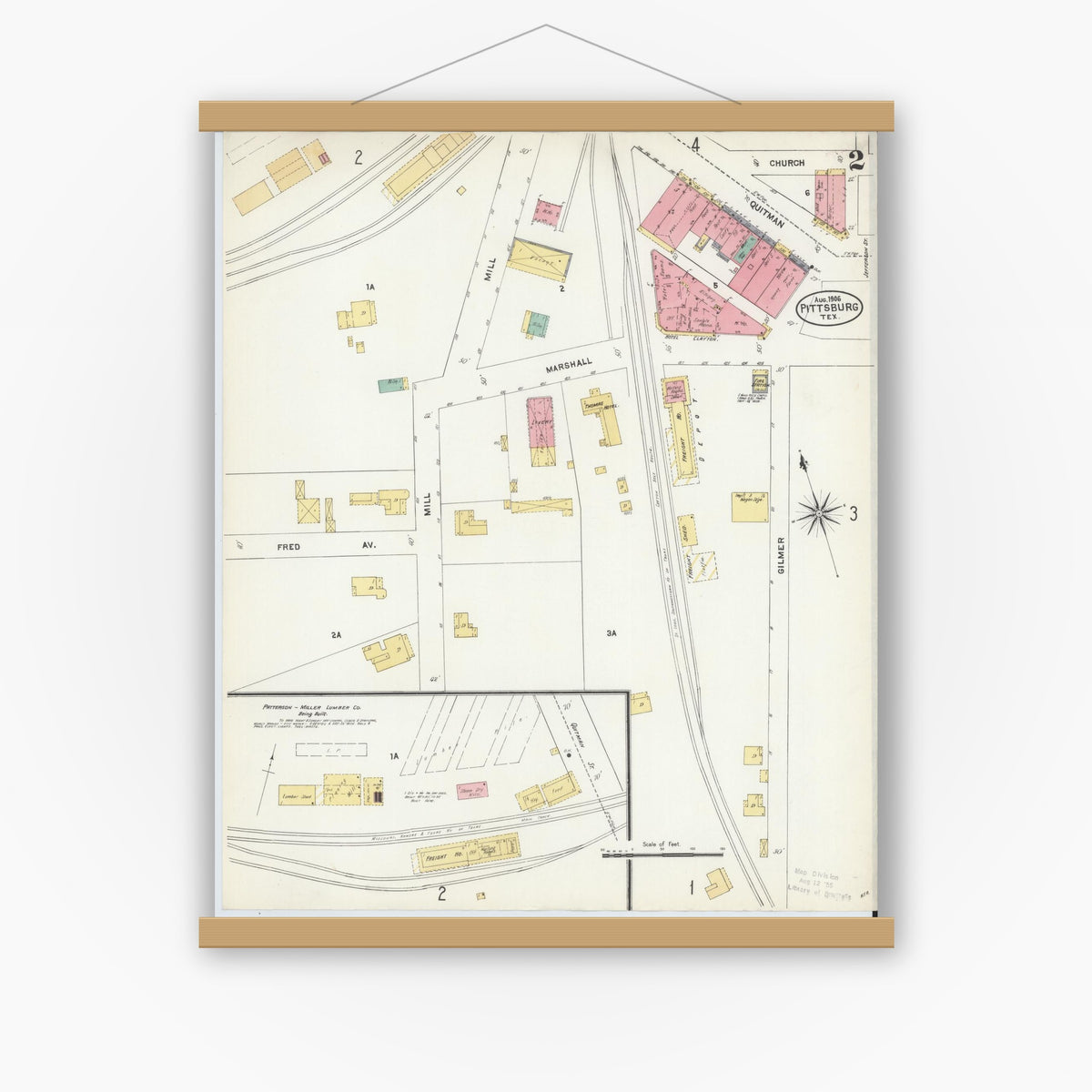Old map wall art mockup — magnetic wood frame on white wall — Sanborn Fire Insurance Map from Pittsburg, Camp County, Texas (1906), Sheet #0002