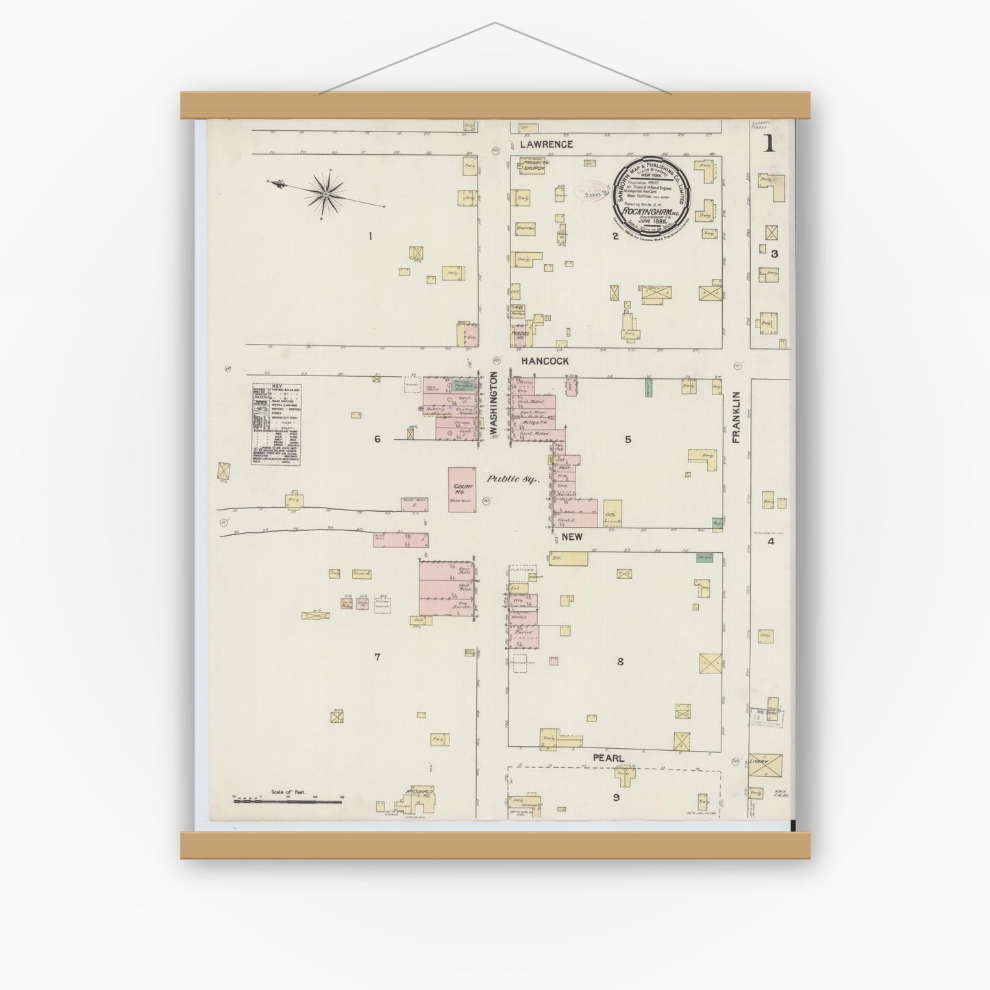 Old map wall art mockup — magnetic wood frame on white wall — Sanborn Fire Insurance Map from Rockingham, Richmond County, North Carolina (1889), Sheet #0001