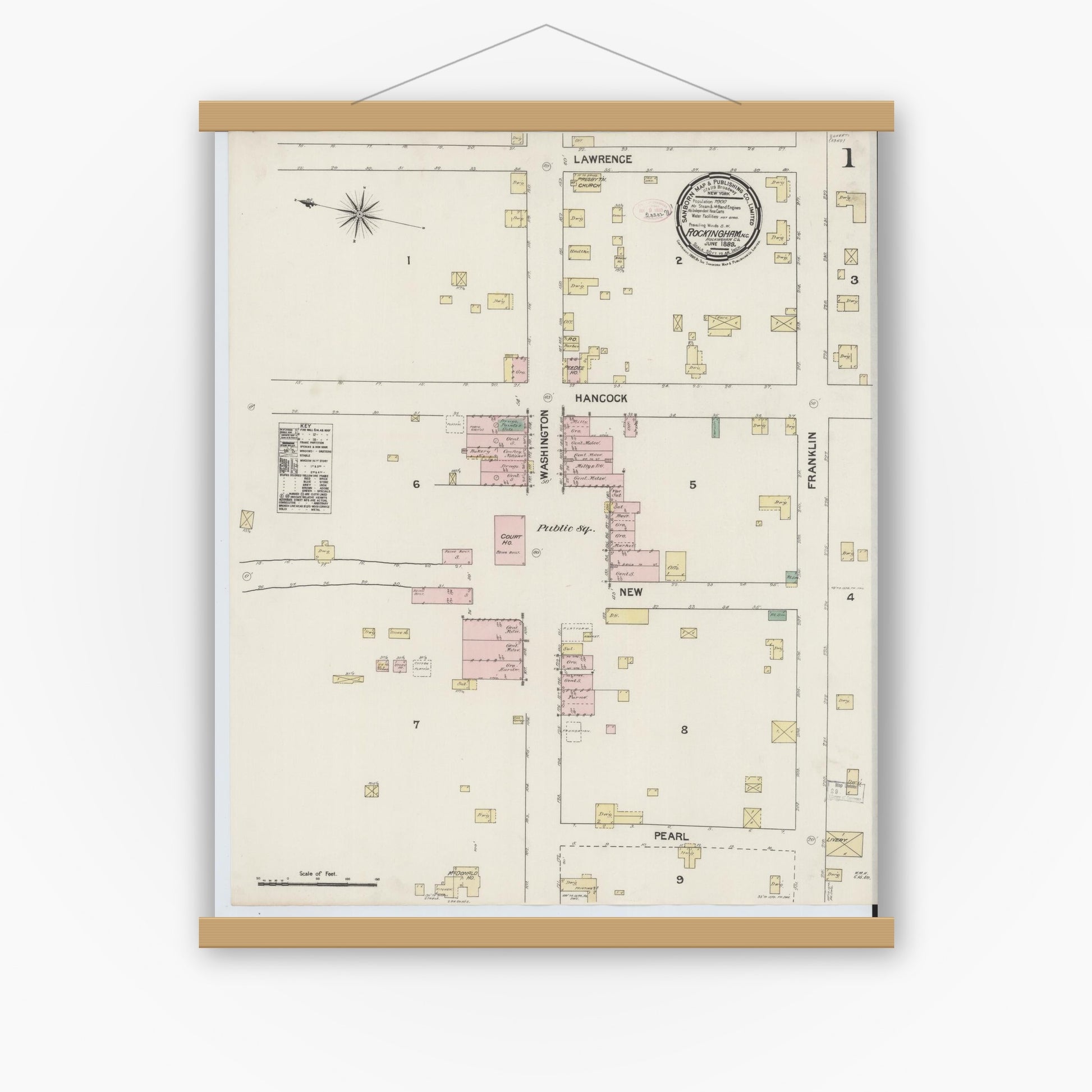 Old map wall art mockup — magnetic wood frame on white wall — Sanborn Fire Insurance Map from Rockingham, Richmond County, North Carolina (1889), Sheet #0001