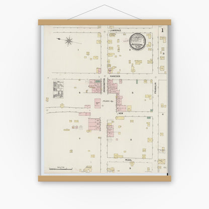 Old map wall art mockup — magnetic wood frame on white wall — Sanborn Fire Insurance Map from Rockingham, Richmond County, North Carolina (1889), Sheet #0001