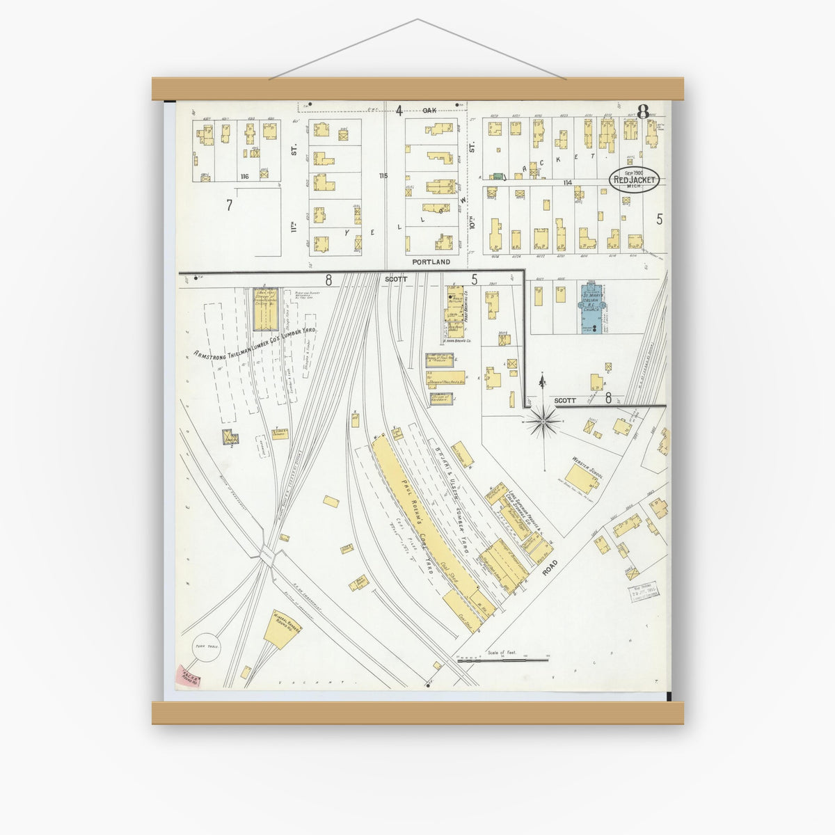 Old map wall art mockup — magnetic wood frame on white wall — Sanborn Fire Insurance Map from Red Jacket, Houghton County, Michigan (1900), Sheet #0008