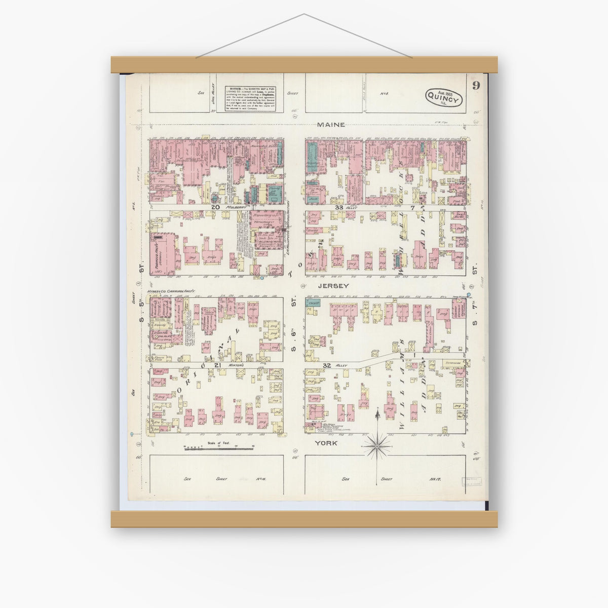 Old map wall art mockup — magnetic wood frame on white wall — Sanborn Fire Insurance Map from Quincy, Adams County, Illinois (1883), Sheet #0009
