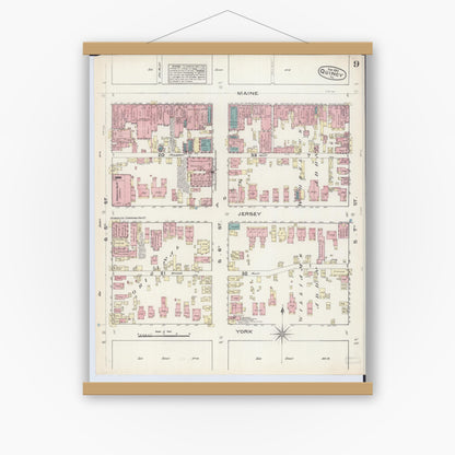 Old map wall art mockup — magnetic wood frame on white wall — Sanborn Fire Insurance Map from Quincy, Adams County, Illinois (1883), Sheet #0009