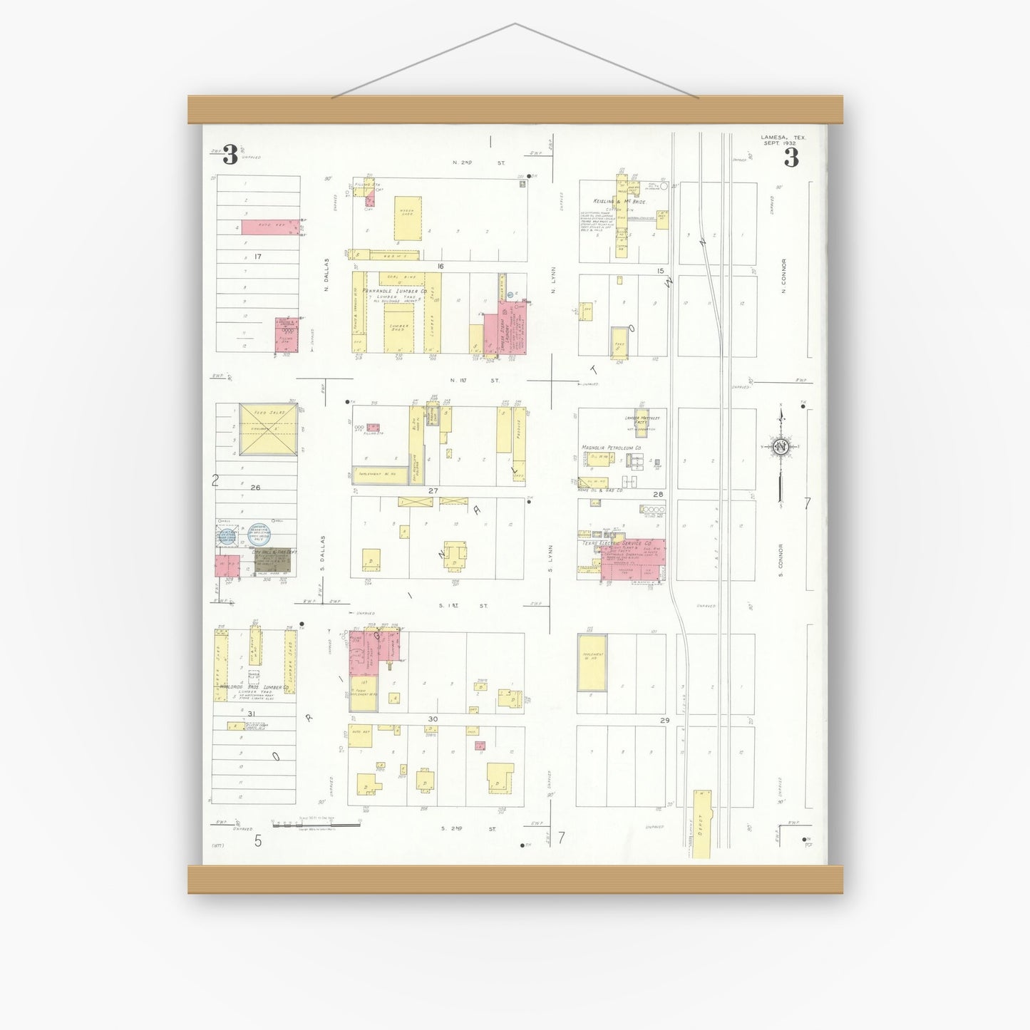Old map wall art mockup — magnetic wood frame on white wall — Sanborn Fire Insurance Map from Lamesa, Dawson County, Texas (1932), Sheet #0003