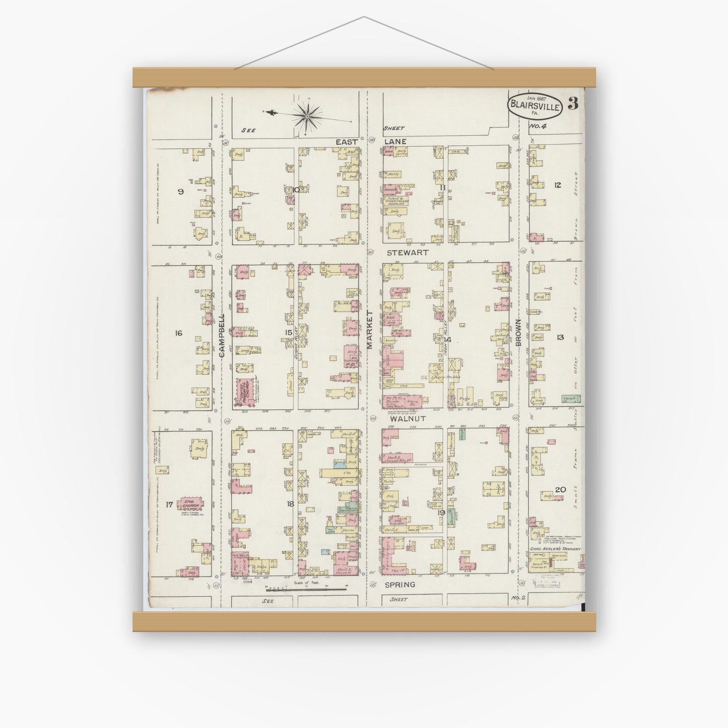 Old map wall art mockup — magnetic wood frame on white wall — Sanborn Fire Insurance Map from Blairsville, Indiana County, Pennsylvania (1887), Sheet #0003