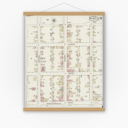 Old map wall art mockup — magnetic wood frame on white wall — Sanborn Fire Insurance Map from Blairsville, Indiana County, Pennsylvania (1887), Sheet #0003